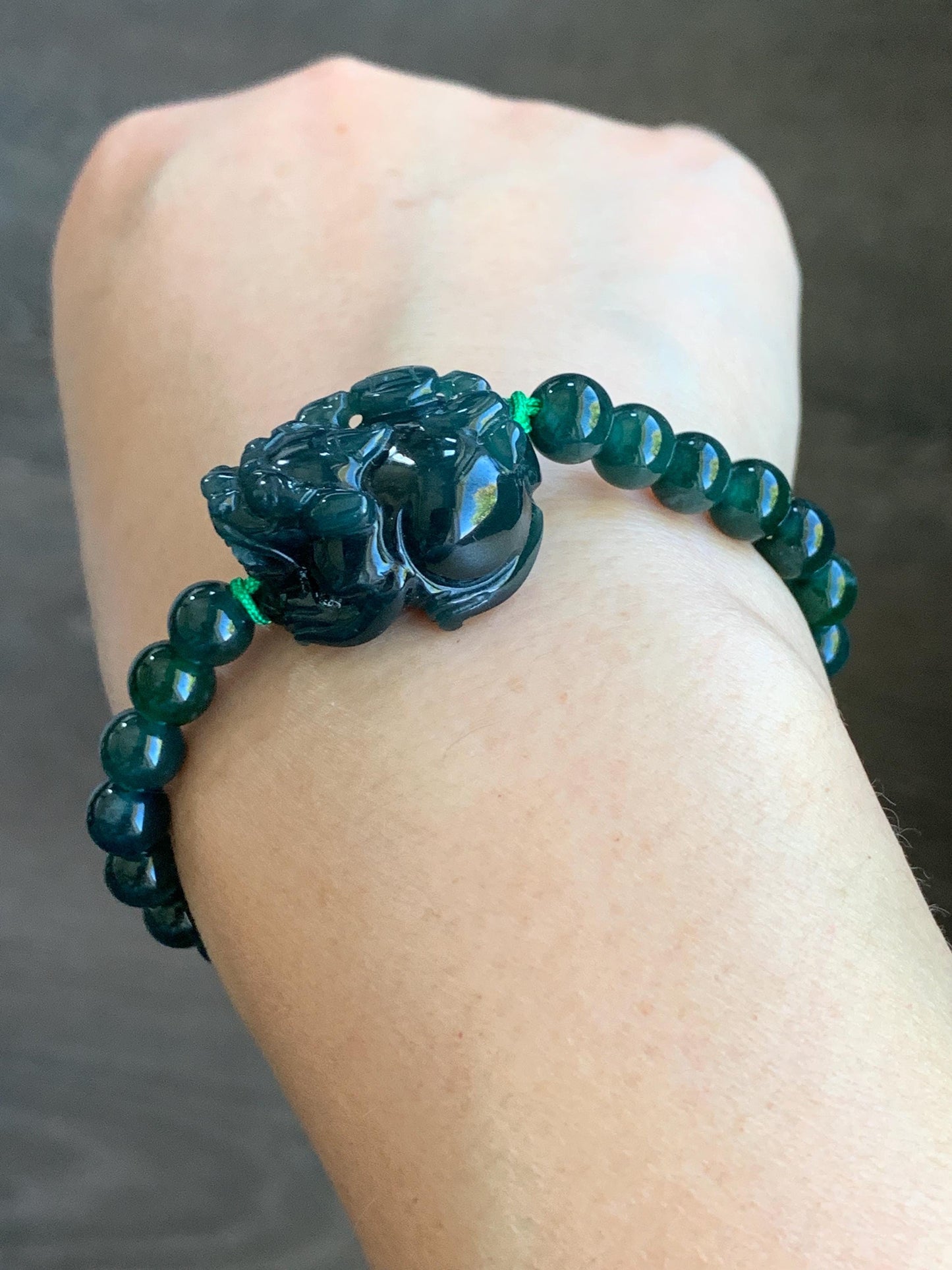 Natural Guatemalan Icy Translucent Gelatinous Dark Teal Green Jadeite Pixiu Beaded Bracelet 6.8mm 6.75” 23g 天然冰危深蓝绿翡翠貔貅圆珠手串 WXC98S