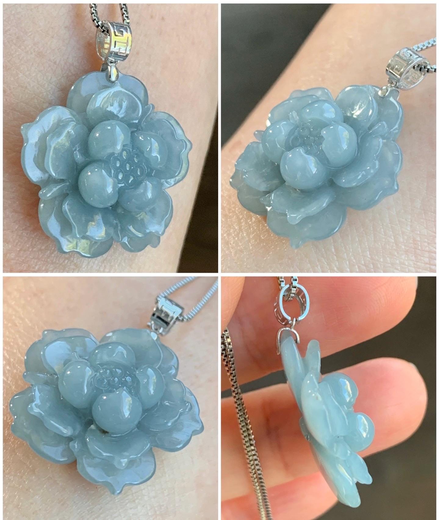 Natural Guatemalan Icy Translucent Light Dusty Blue Jadeite Lotus Flower Pendant 18K White Gold 5g 天然冰危淡蓝翡翠莲花镶嵌吊坠 DLH620A