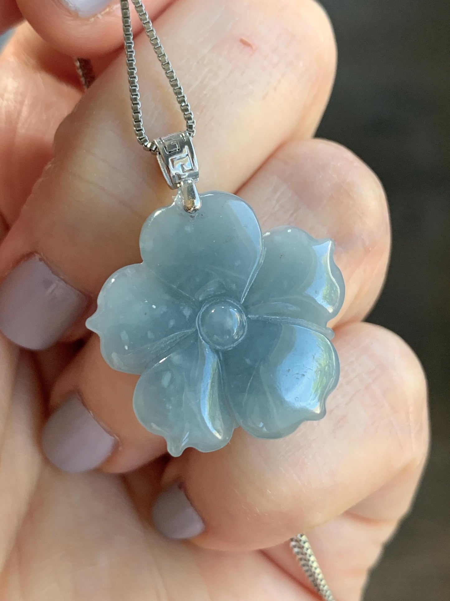 Natural Guatemalan Icy Translucent Light Dusty Blue Jadeite Lotus Flower Pendant 18K White Gold 5g 天然冰危淡蓝翡翠莲花镶嵌吊坠 DLH620A