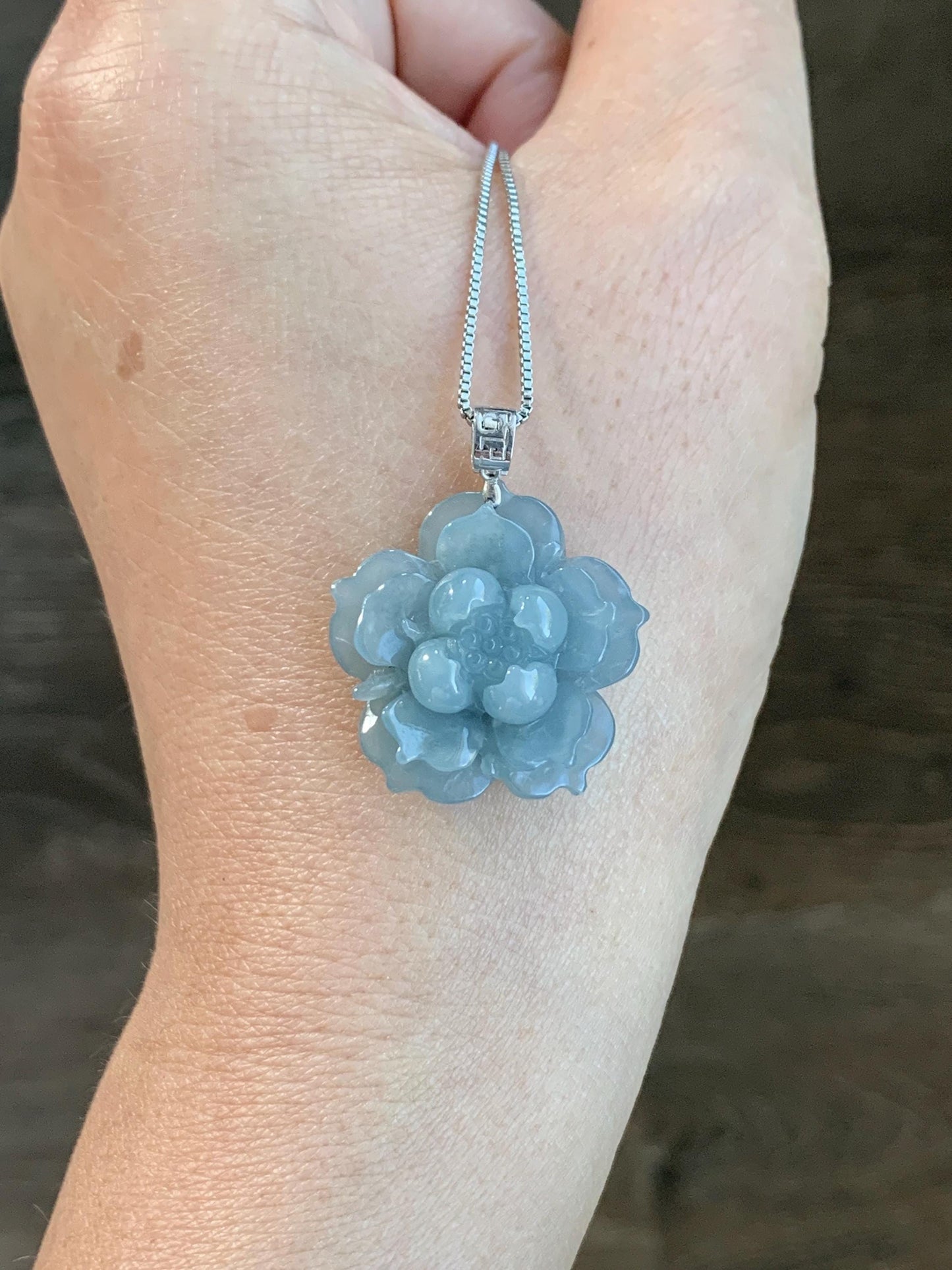 Natural Guatemalan Icy Translucent Light Dusty Blue Jadeite Lotus Flower Pendant 18K White Gold 5g 天然冰危淡蓝翡翠莲花镶嵌吊坠 DLH620A