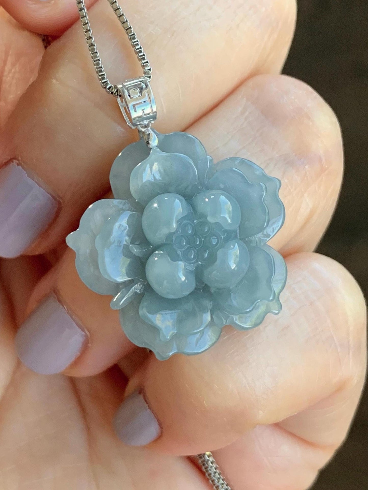 Natural Guatemalan Icy Translucent Light Dusty Blue Jadeite Lotus Flower Pendant 18K White Gold 5g 天然冰危淡蓝翡翠莲花镶嵌吊坠 DLH620A