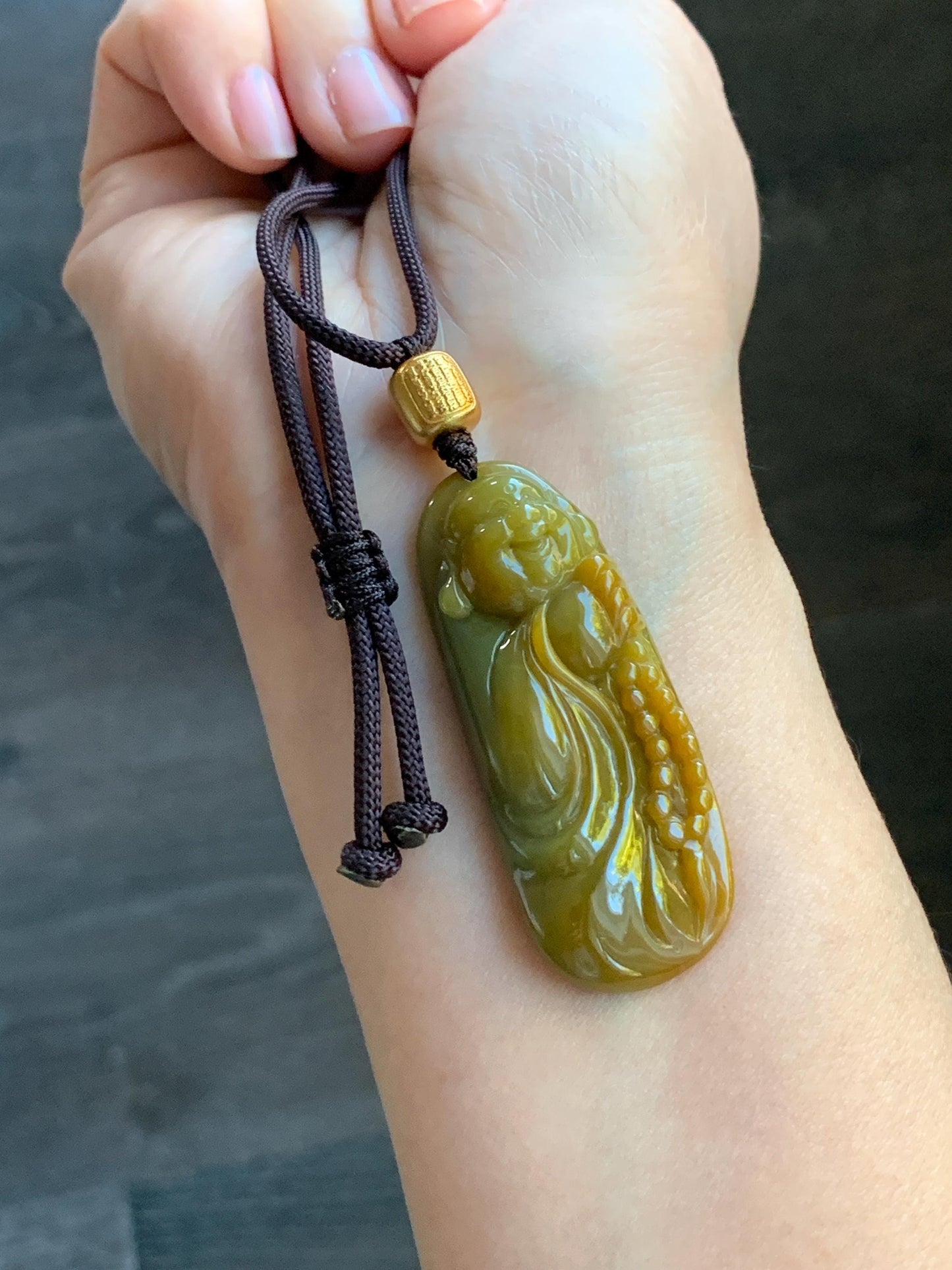 Certified Natural Guatemalan Icy Translucent Rich Vibrant Yellow Jadeite Carefree Buddha Pendant Rope Necklace 25” 天然冰危黄翡翠精工逍遥佛公吊坠 3018