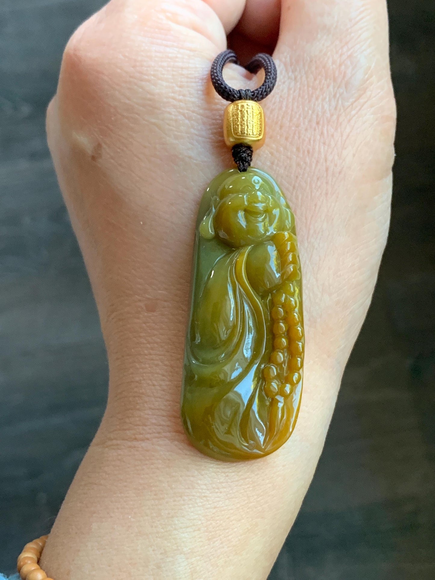 Certified Natural Guatemalan Icy Translucent Rich Vibrant Yellow Jadeite Carefree Buddha Pendant Rope Necklace 25” 天然冰危黄翡翠精工逍遥佛公吊坠 3018