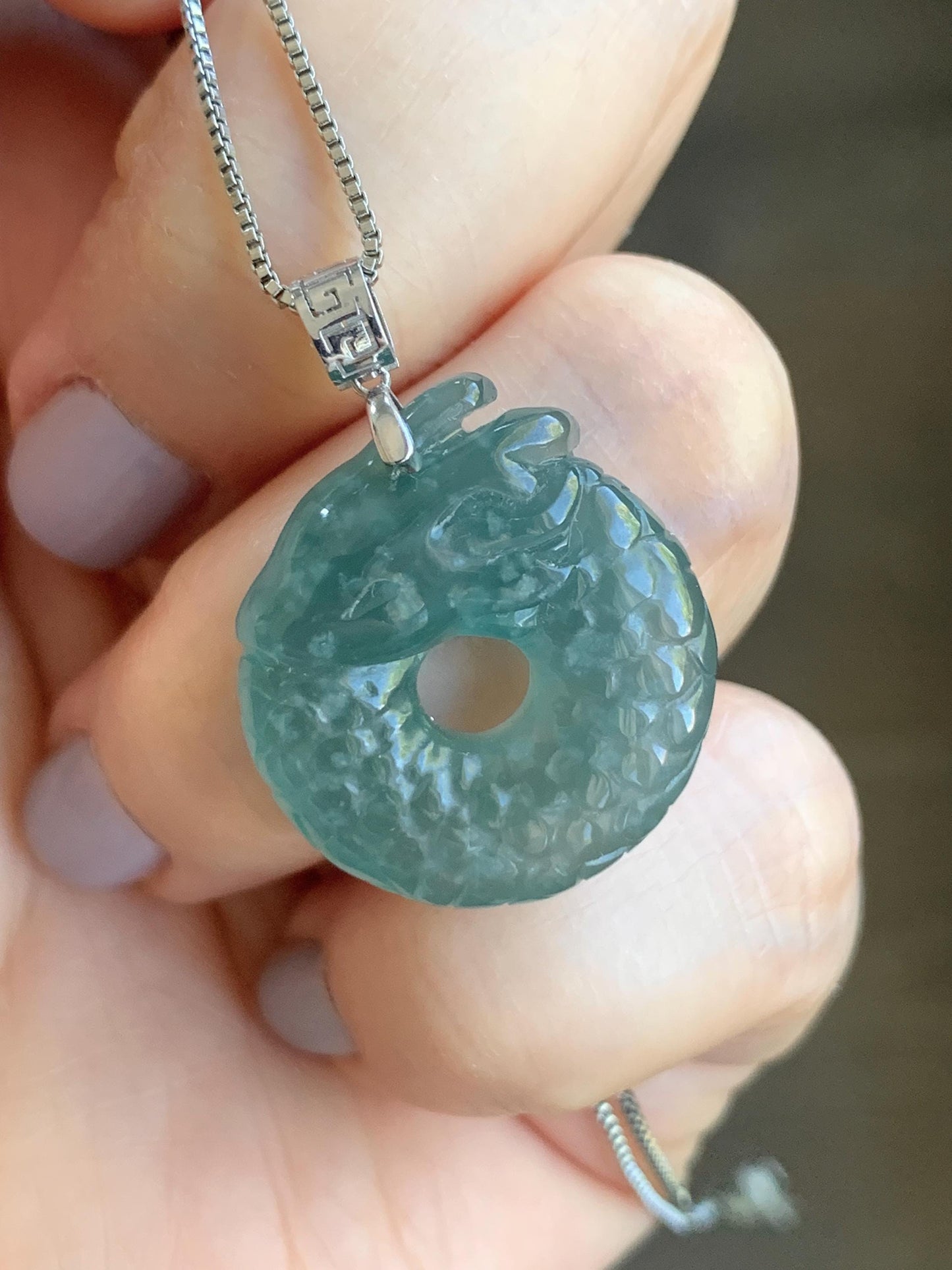 Natural Guatemalan Icy Translucent Gelatinous Teal Blue Jadeite Dragon Ping An Kou Donut Pendant 18K White Gold 6g 天然缅甸冰胶蓝绿翡翠盘龙平安扣吊坠 WLK74B