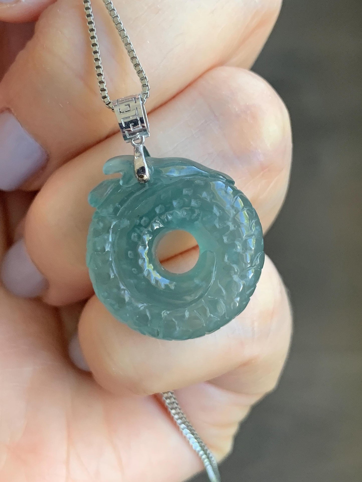 Natural Guatemalan Icy Translucent Gelatinous Teal Blue Jadeite Dragon Ping An Kou Donut Pendant 18K White Gold 6g 天然缅甸冰胶蓝绿翡翠盘龙平安扣吊坠 WLK74B