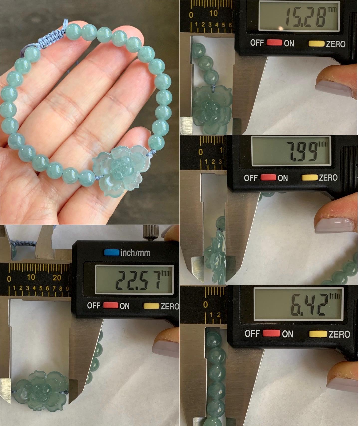 Natural Guatemalan Icy Highly Translucent Light Dusty Teal Blue Jadeite Lotus Flower Beaded Bracelet 6.4mm 7” 14g 天然冰透危淡蓝绿翡翠莲花圆珠手串