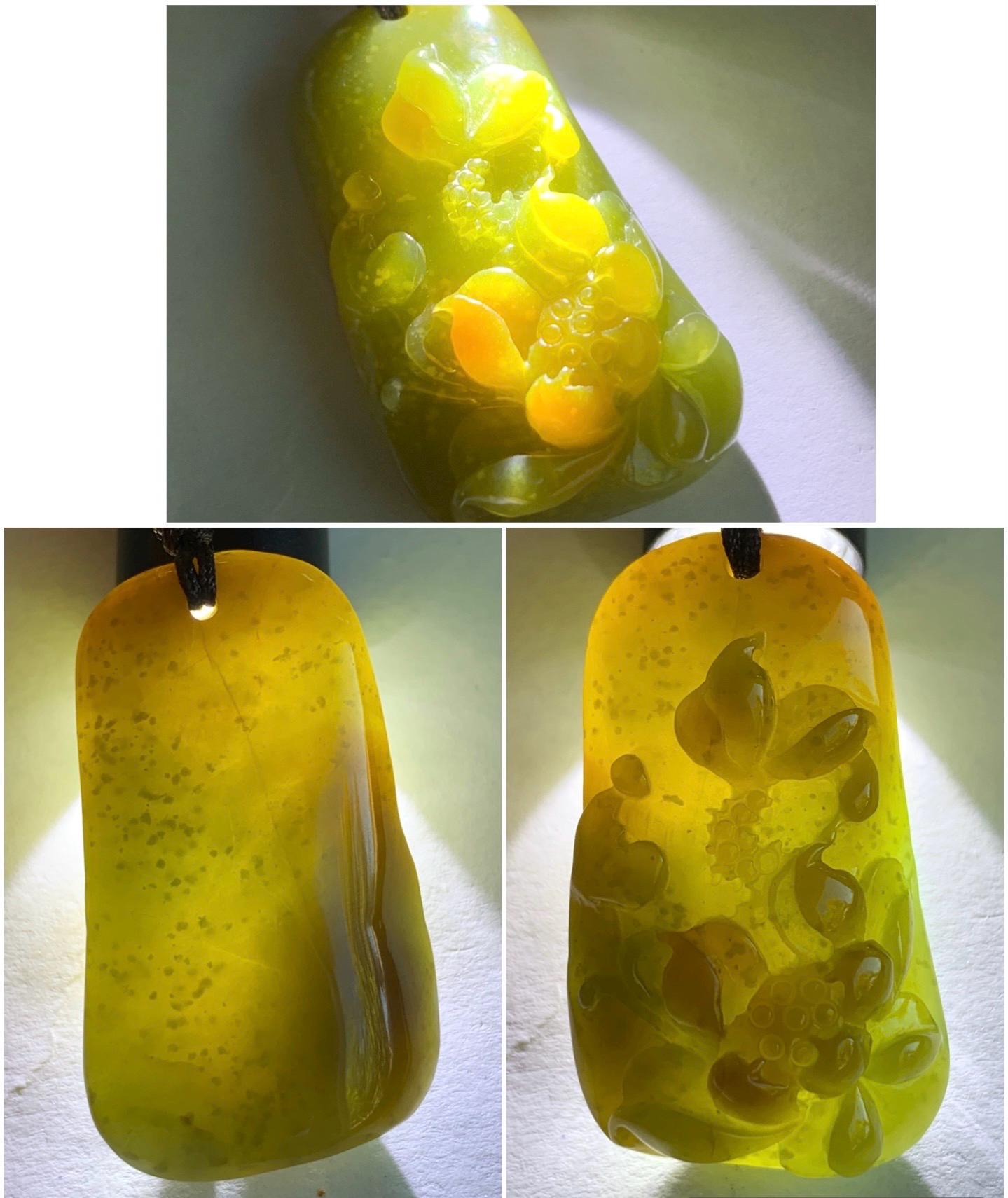Natural Guatemalan Icy Translucent Dark Tea Yellow Marbled Jadeite Lotus Flower Praying Monk Pendant Rope Necklace 26” 天然冰危茶黄翡翠莲花悟道吊坠