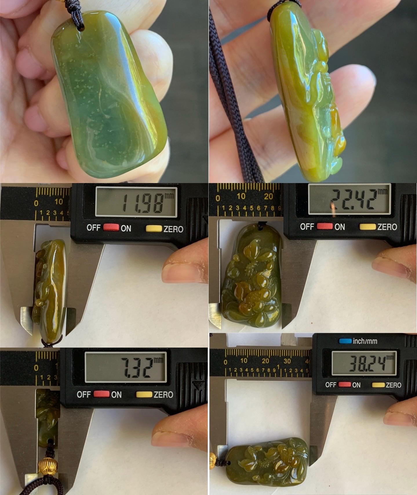 Natural Guatemalan Icy Translucent Dark Tea Yellow Marbled Jadeite Lotus Flower Praying Monk Pendant Rope Necklace 26” 天然冰危茶黄翡翠莲花悟道吊坠