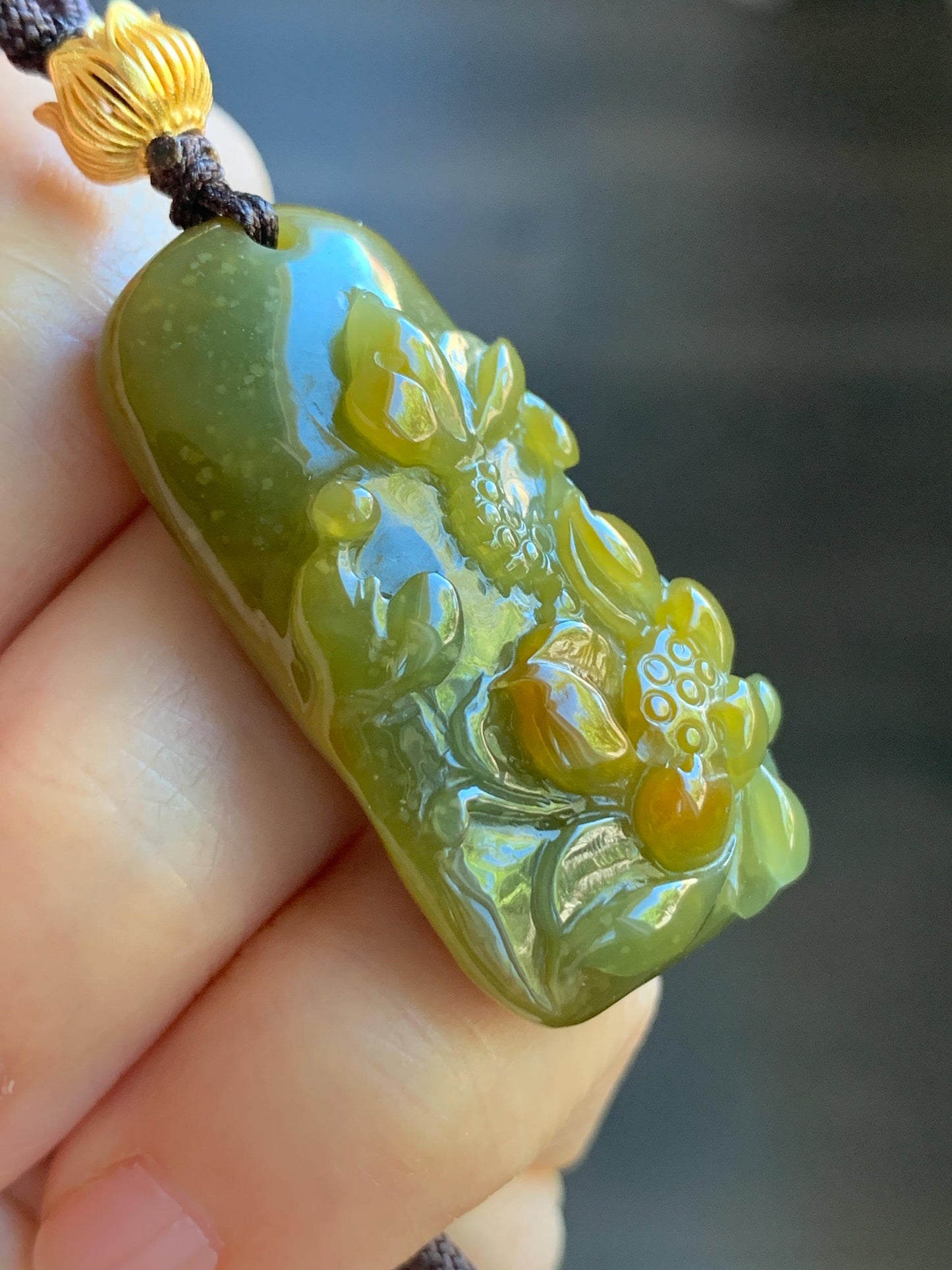 Natural Guatemalan Icy Translucent Dark Tea Yellow Marbled Jadeite Lotus Flower Praying Monk Pendant Rope Necklace 26” 天然冰危茶黄翡翠莲花悟道吊坠