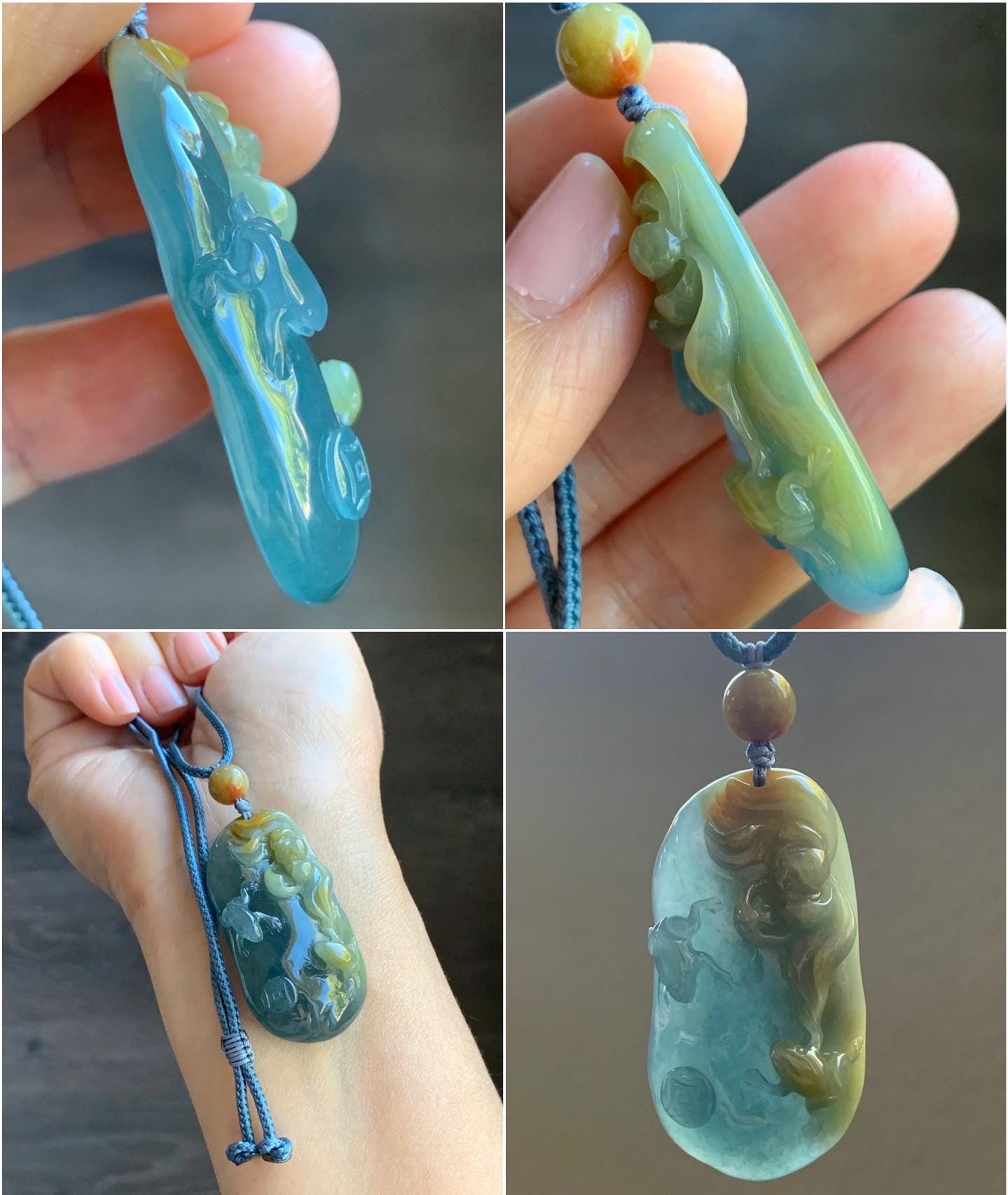Natural Guatemalan Icy Translucent Dark Blue Rich Yellow Marbled Jadeite Lotus Flower & Frogs Pendant Rope Necklace 26” 22g 天然冰危蓝加黄翡翠莲花青蛙吊坠