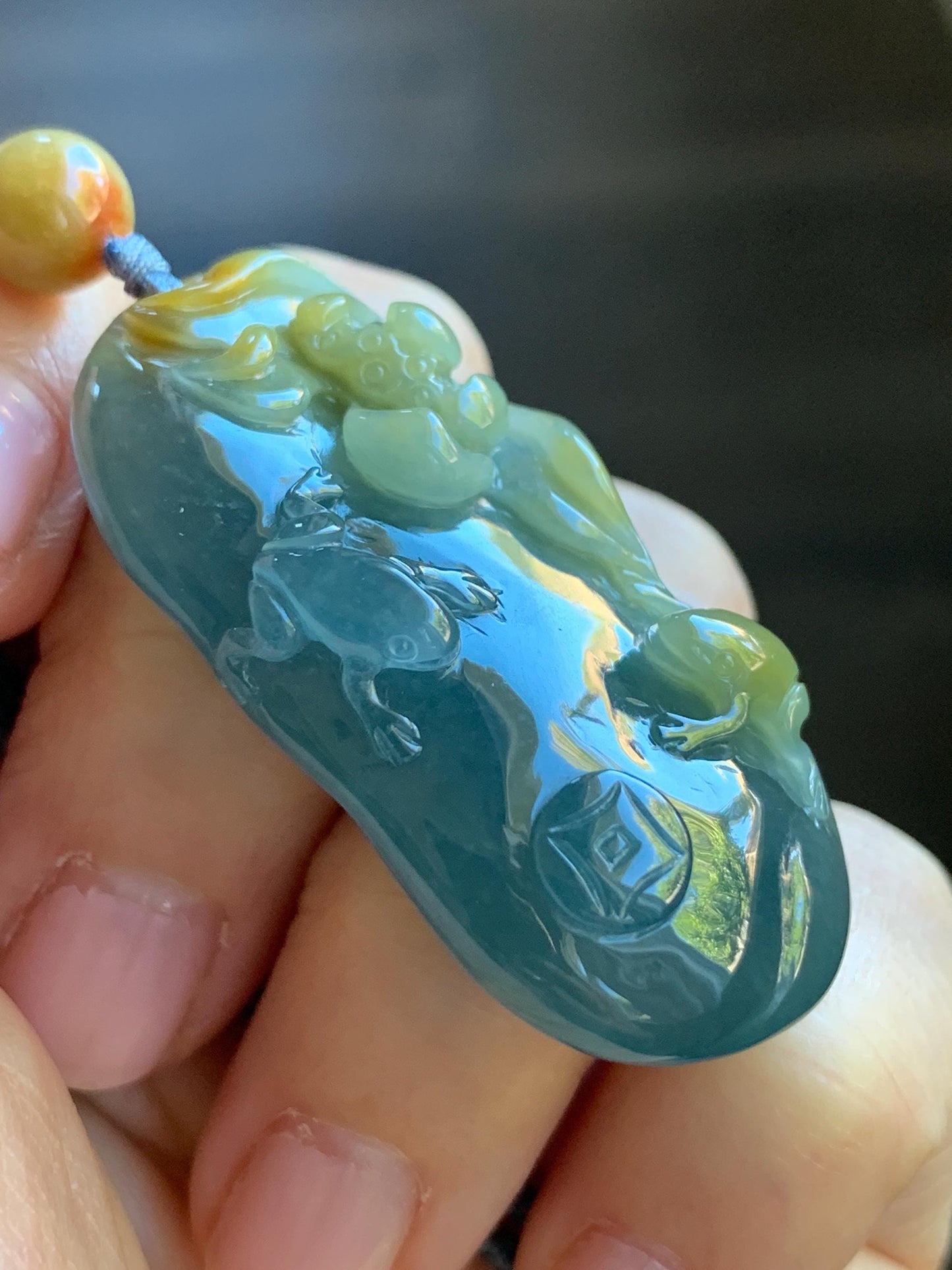 Natural Guatemalan Icy Translucent Dark Blue Rich Yellow Marbled Jadeite Lotus Flower & Frogs Pendant Rope Necklace 26” 22g 天然冰危蓝加黄翡翠莲花青蛙吊坠