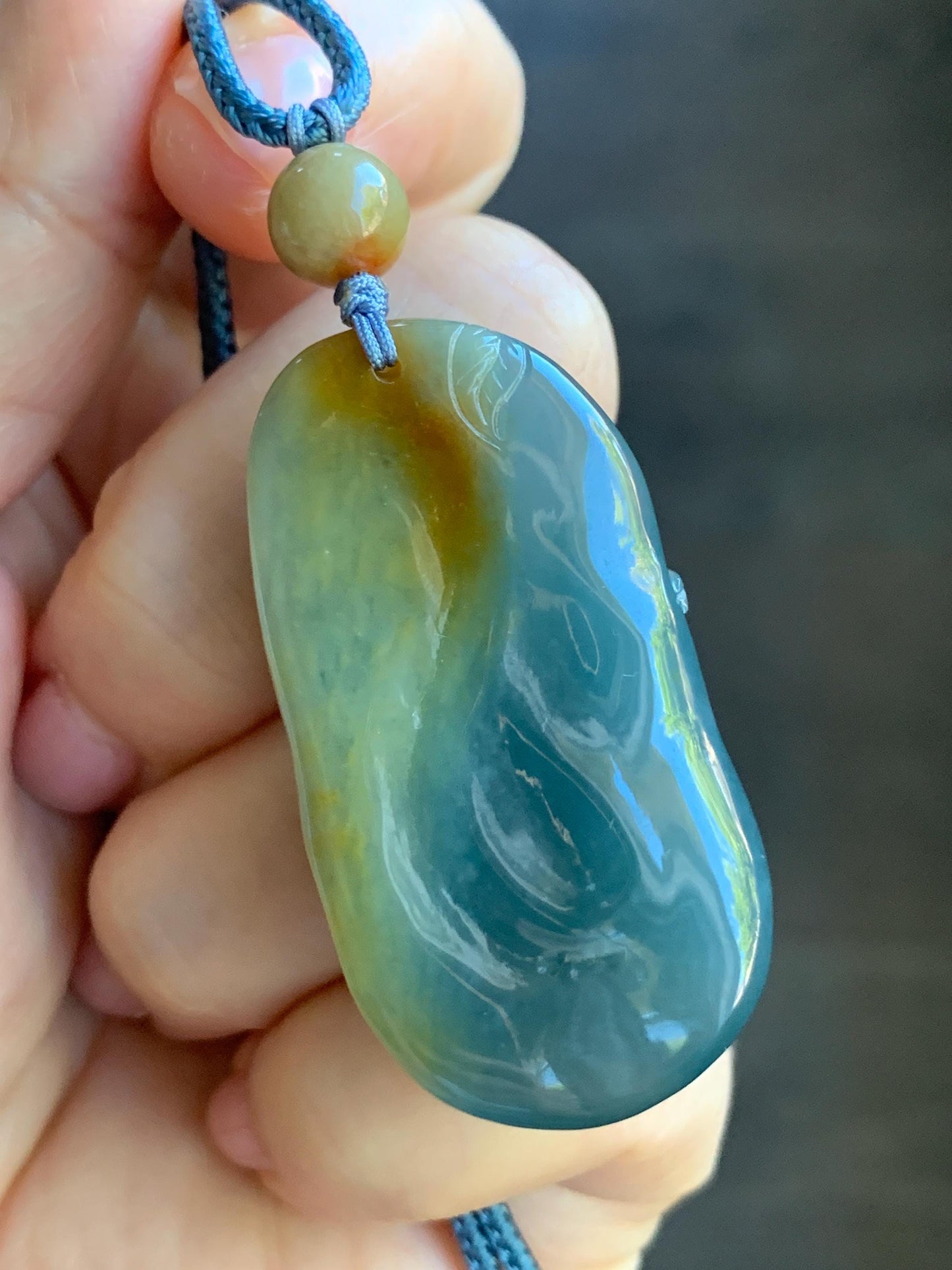 Natural Guatemalan Icy Translucent Dark Blue Rich Yellow Marbled Jadeite Lotus Flower & Frogs Pendant Rope Necklace 26” 22g 天然冰危蓝加黄翡翠莲花青蛙吊坠