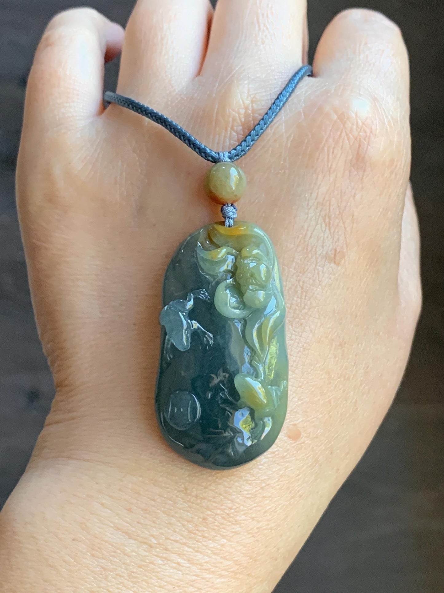 Natural Guatemalan Icy Translucent Dark Blue Rich Yellow Marbled Jadeite Lotus Flower & Frogs Pendant Rope Necklace 26” 22g 天然冰危蓝加黄翡翠莲花青蛙吊坠