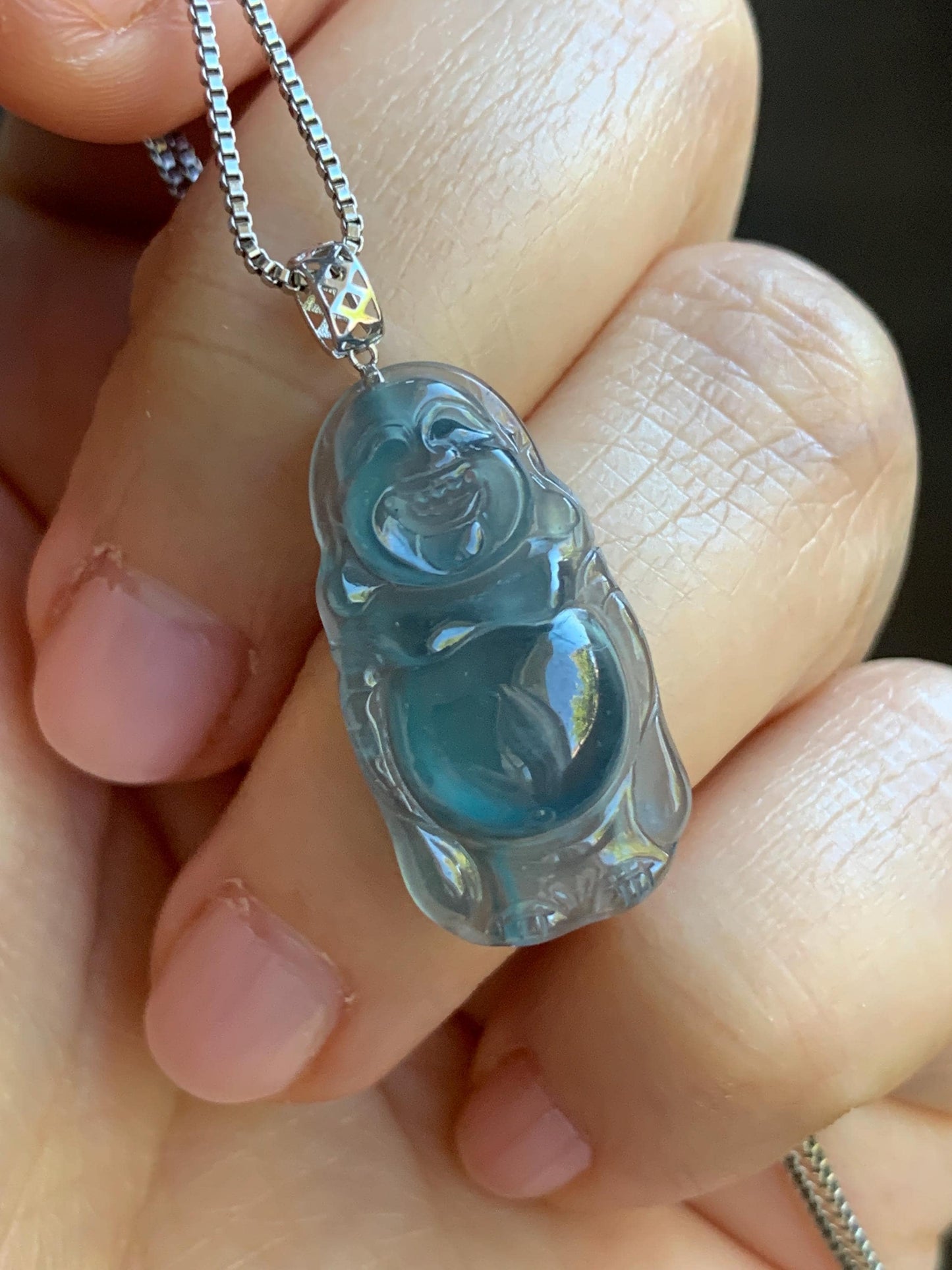 Petite Natural Guatemalan Premium Icy Highly Translucent Indigo Blue Jadeite Standing Buddha Pendant 18K White Gold 天然冰危蓝起光翡翠站佛公镶嵌吊坠 C