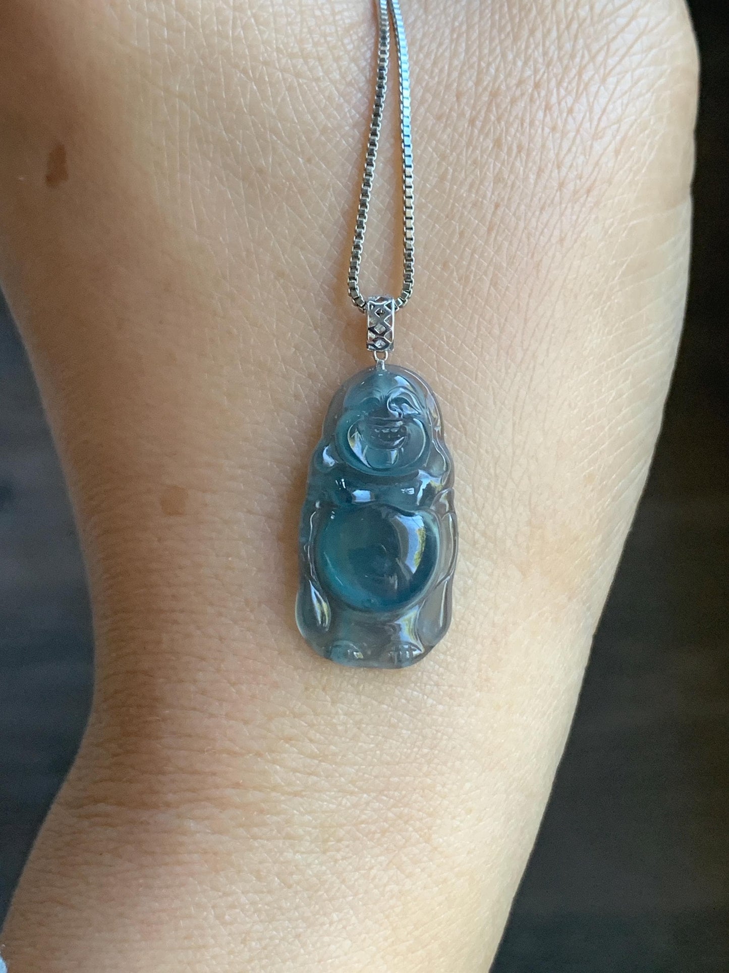 Petite Natural Guatemalan Premium Icy Highly Translucent Indigo Blue Jadeite Standing Buddha Pendant 18K White Gold 天然冰危蓝起光翡翠站佛公镶嵌吊坠 C