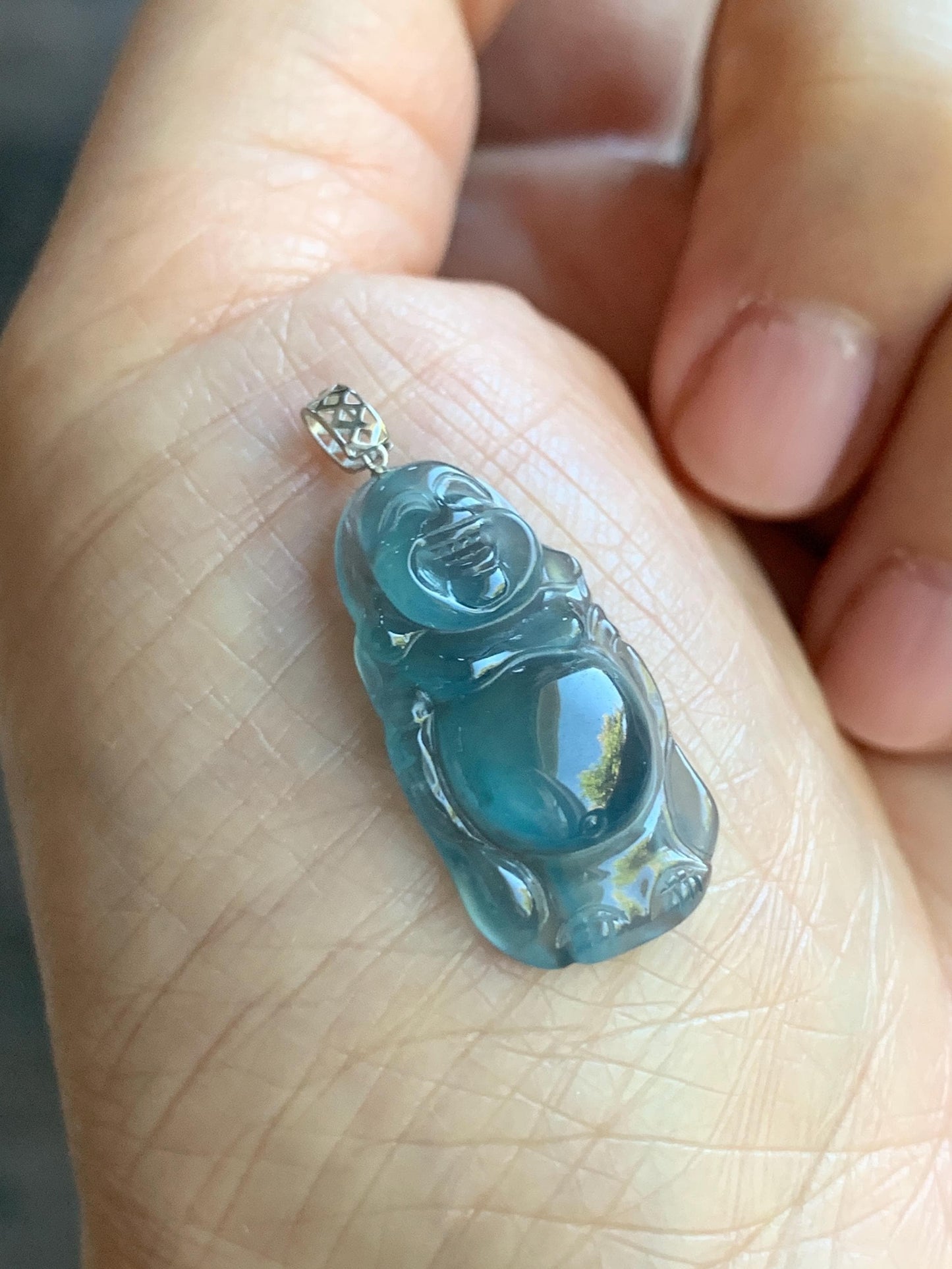 Petite Natural Guatemalan Premium Icy Highly Translucent Indigo Blue Jadeite Standing Buddha Pendant 18K White Gold 天然冰危蓝起光翡翠站佛公镶嵌吊坠 C