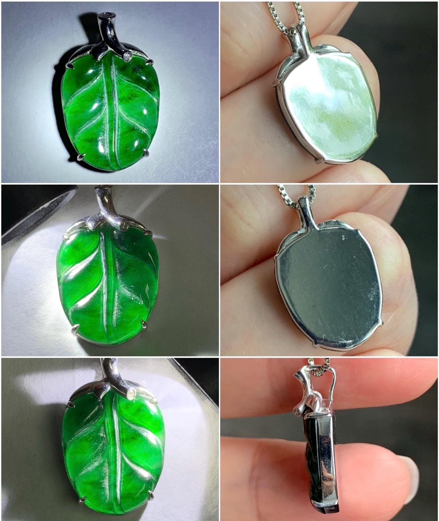 Certified Natural Guatemalan Premium Icy Translucent Vibrant Green Jadeite Carved Leaf Pendant S925 Sterling Silver 2.78g 天然冰危绿翡翠叶子镶嵌吊坠 8609