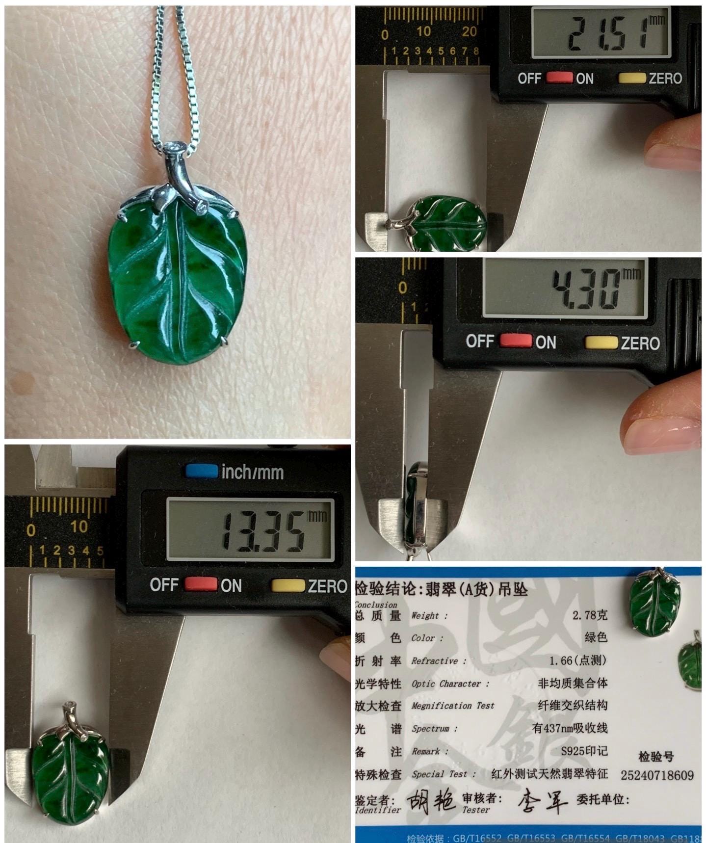Certified Natural Guatemalan Premium Icy Translucent Vibrant Green Jadeite Carved Leaf Pendant S925 Sterling Silver 2.78g 天然冰危绿翡翠叶子镶嵌吊坠 8609