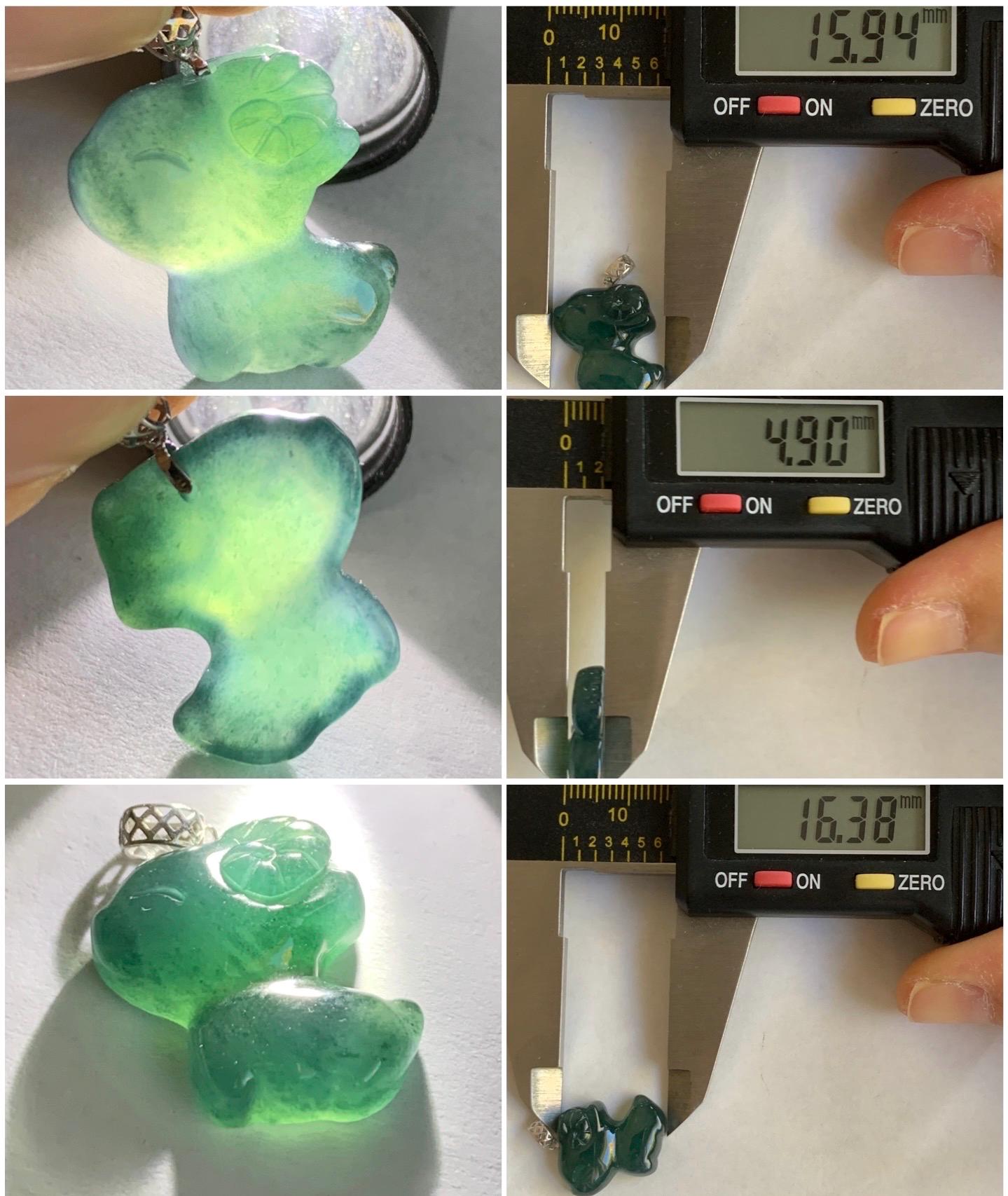 Natural Guatemalan Icy Translucent Gelatinous Deep Teal Blue Jadeite Baby Sheep Ram Pendant 18K White Gold 2g 天然冰胶危深蓝绿翡翠小羊镶嵌吊坠 XDW72B