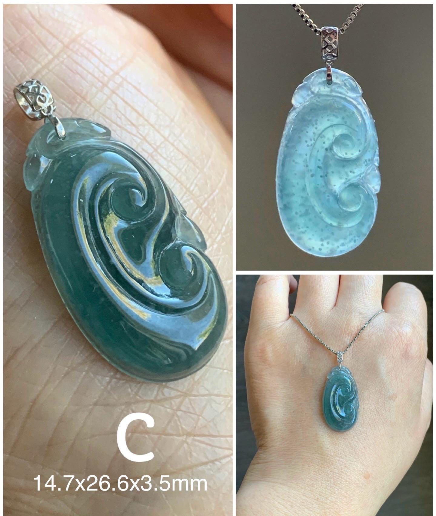 Petite Natural Guatemalan Icy Translucent Teal Blue Teal Green Jadeite Ruyi Amulet Pendant 18K White Gold 天然老种冰危蓝绿翡翠如意镶嵌吊坠 XRY614