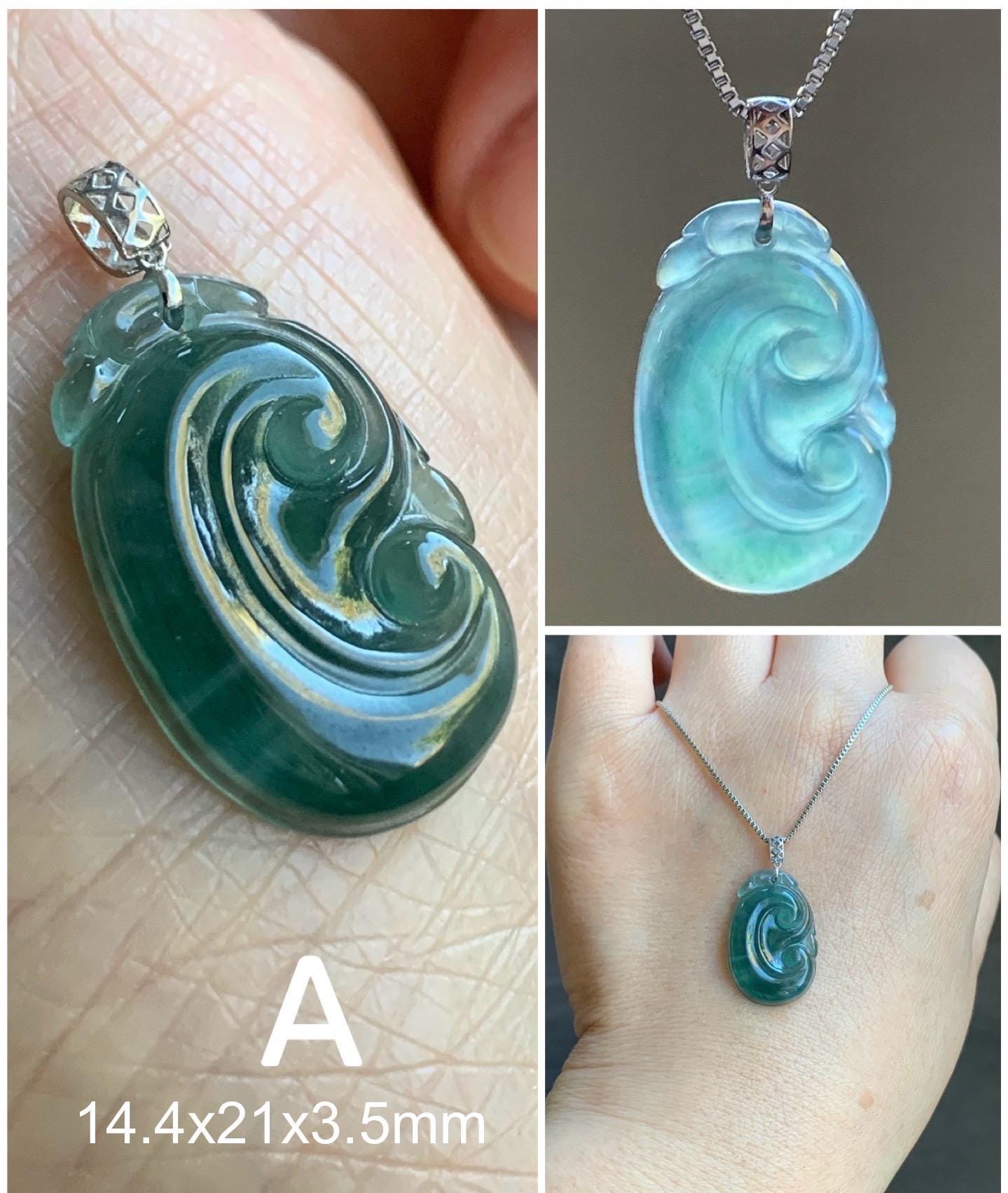 Petite Natural Guatemalan Icy Translucent Teal Blue Teal Green Jadeite Ruyi Amulet Pendant 18K White Gold 天然老种冰危蓝绿翡翠如意镶嵌吊坠 XRY614