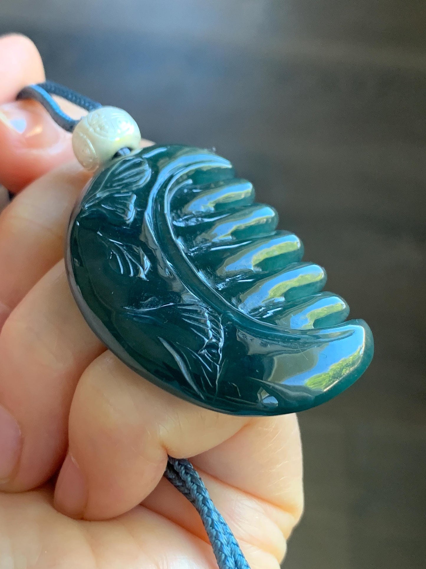 Natural Guatemalan Icy Translucent Dark Teal Blue Jadeite Comb with Ginkgo Leaves Pendant Rope Necklace Sterling Silver 25” 天然冰危深蓝翡翠银杏叶梳子吊坠