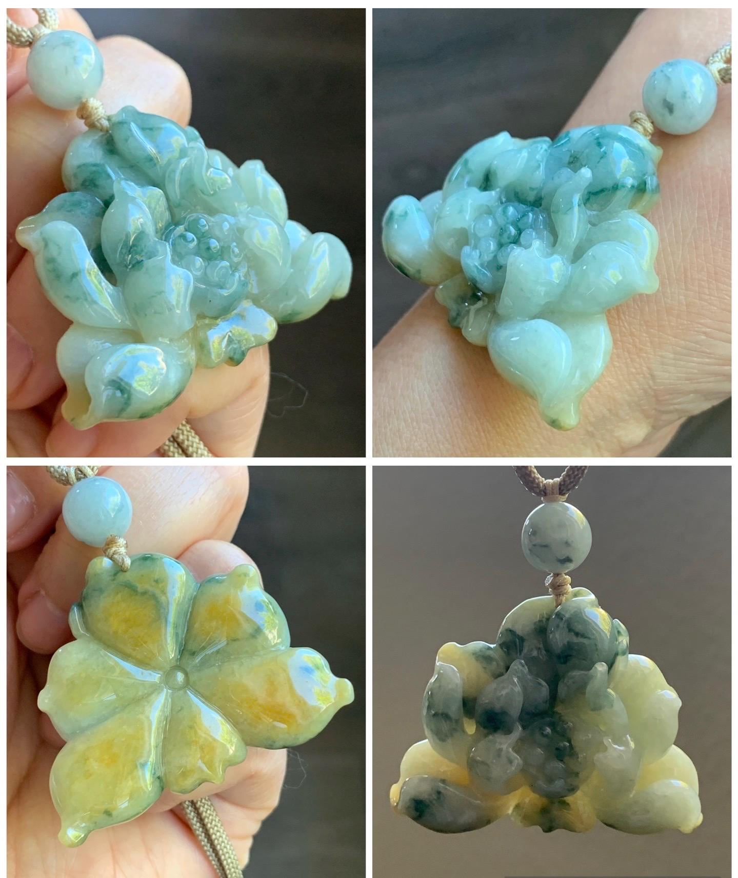 Natural Burmese Translucent Yellow & Green Marbling Tricolored Jadeite Carved Lotus Flower Rope Necklace Adjustable 29” 30g 天然缅甸糯种三彩翡翠莲花吊坠项链