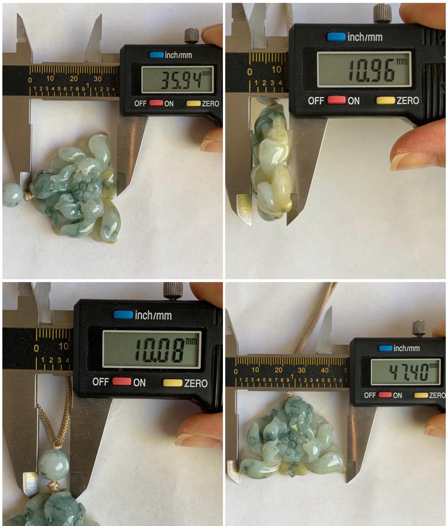 Natural Burmese Translucent Yellow & Green Marbling Tricolored Jadeite Carved Lotus Flower Rope Necklace Adjustable 29” 30g 天然缅甸糯种三彩翡翠莲花吊坠项链