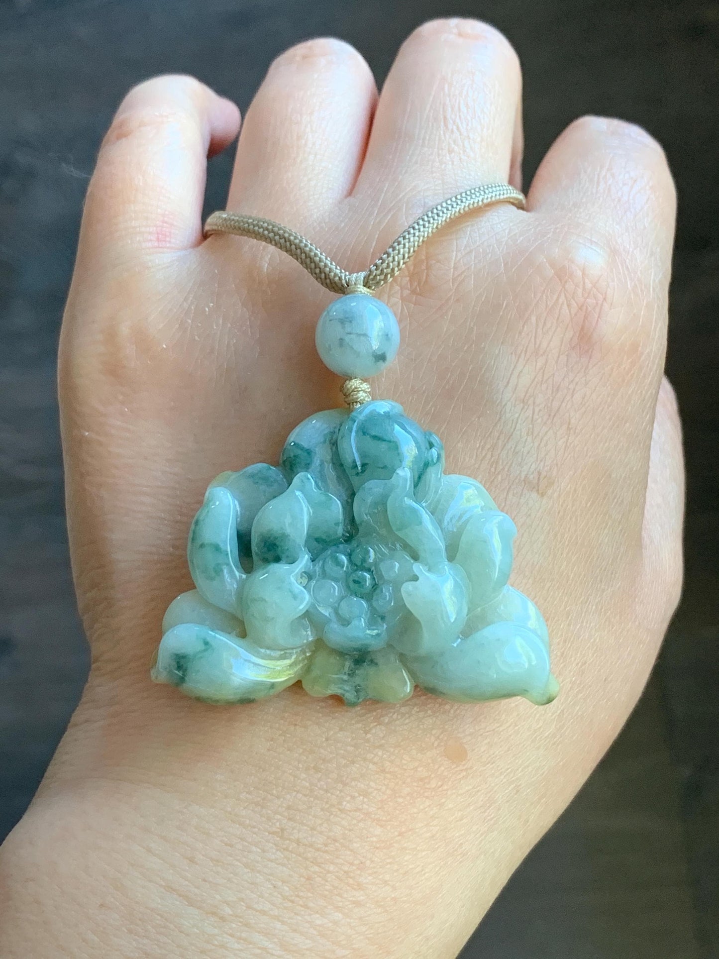 Natural Burmese Translucent Yellow & Green Marbling Tricolored Jadeite Carved Lotus Flower Rope Necklace Adjustable 29” 30g 天然缅甸糯种三彩翡翠莲花吊坠项链