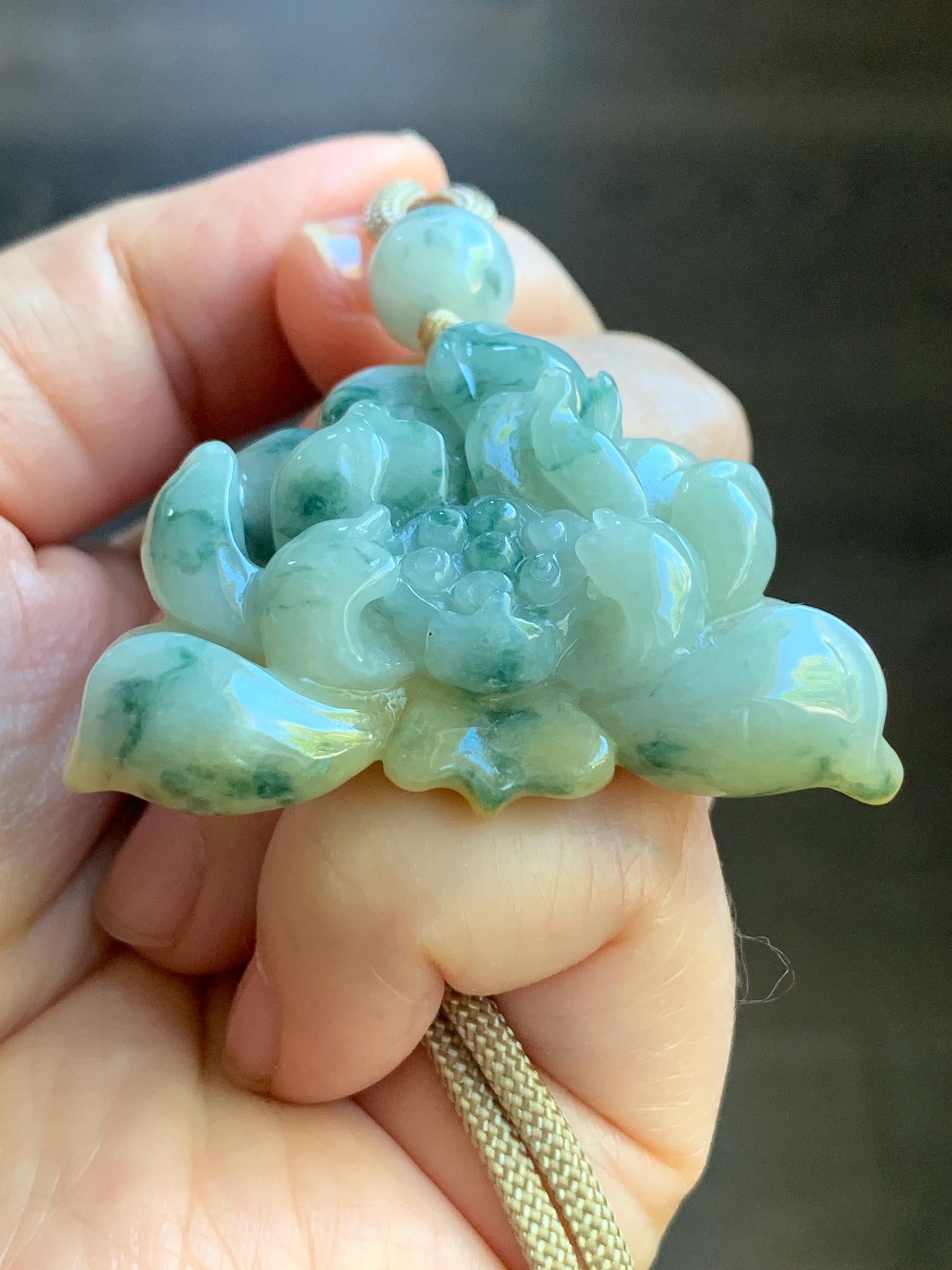 Natural Burmese Translucent Yellow & Green Marbling Tricolored Jadeite Carved Lotus Flower Rope Necklace Adjustable 29” 30g 天然缅甸糯种三彩翡翠莲花吊坠项链