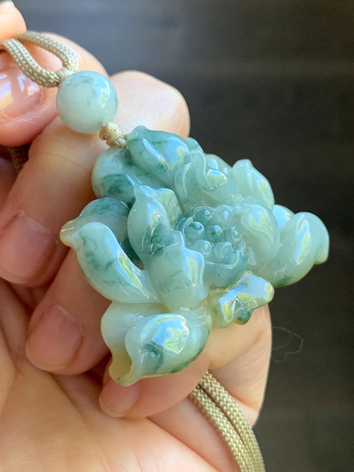 Natural Burmese Translucent Yellow & Green Marbling Tricolored Jadeite Carved Lotus Flower Rope Necklace Adjustable 29” 30g 天然缅甸糯种三彩翡翠莲花吊坠项链