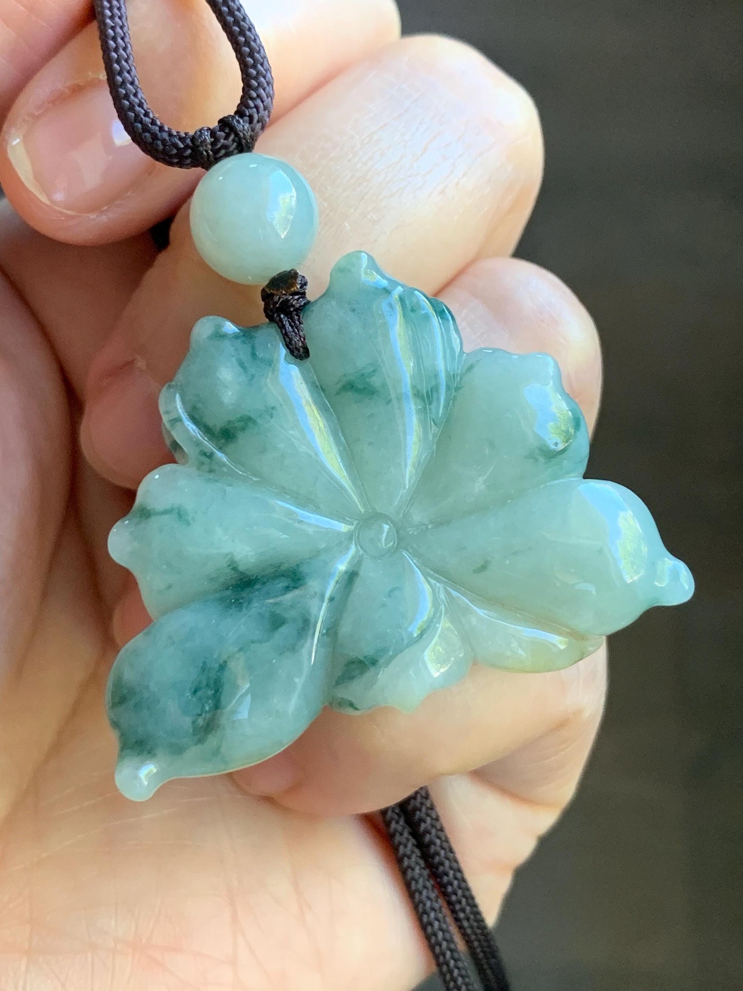 Natural Burmese Translucent Yellow & Green Marbling Tricolored Jadeite Carved Lotus Flower Rope Necklace Adjustable 30” 25g 天然缅甸糯种三彩翡翠莲花吊坠项链