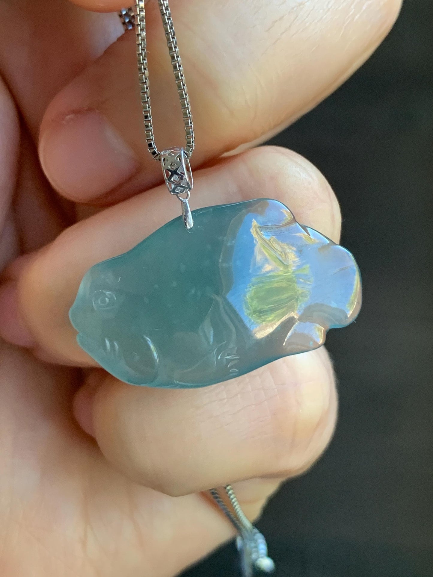 Natural Grade A Guatemalan Icy Translucent Gelatinous Old Mine Teal Blue Jadeite Fish Pendant 18K White Gold 5g 天然老种冰胶危蓝翡翠鱼镶嵌吊坠 B