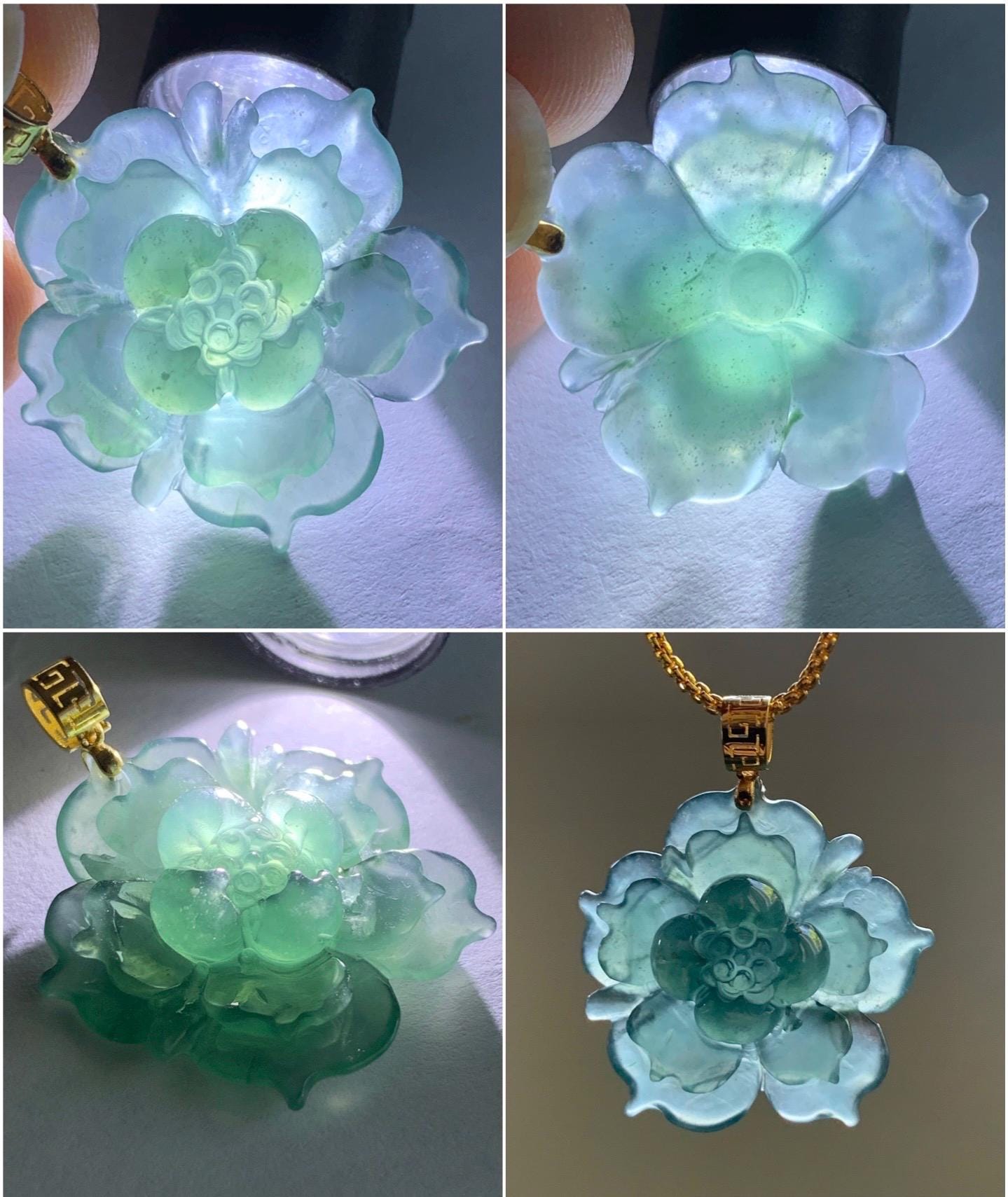 Natural Guatemalan Icy Highly Translucent Dark Teal Blue Jadeite Lotus Flower Pendant 18K Yellow Gold 5g 天然冰胶危起光深蓝翡翠莲花镶嵌吊坠