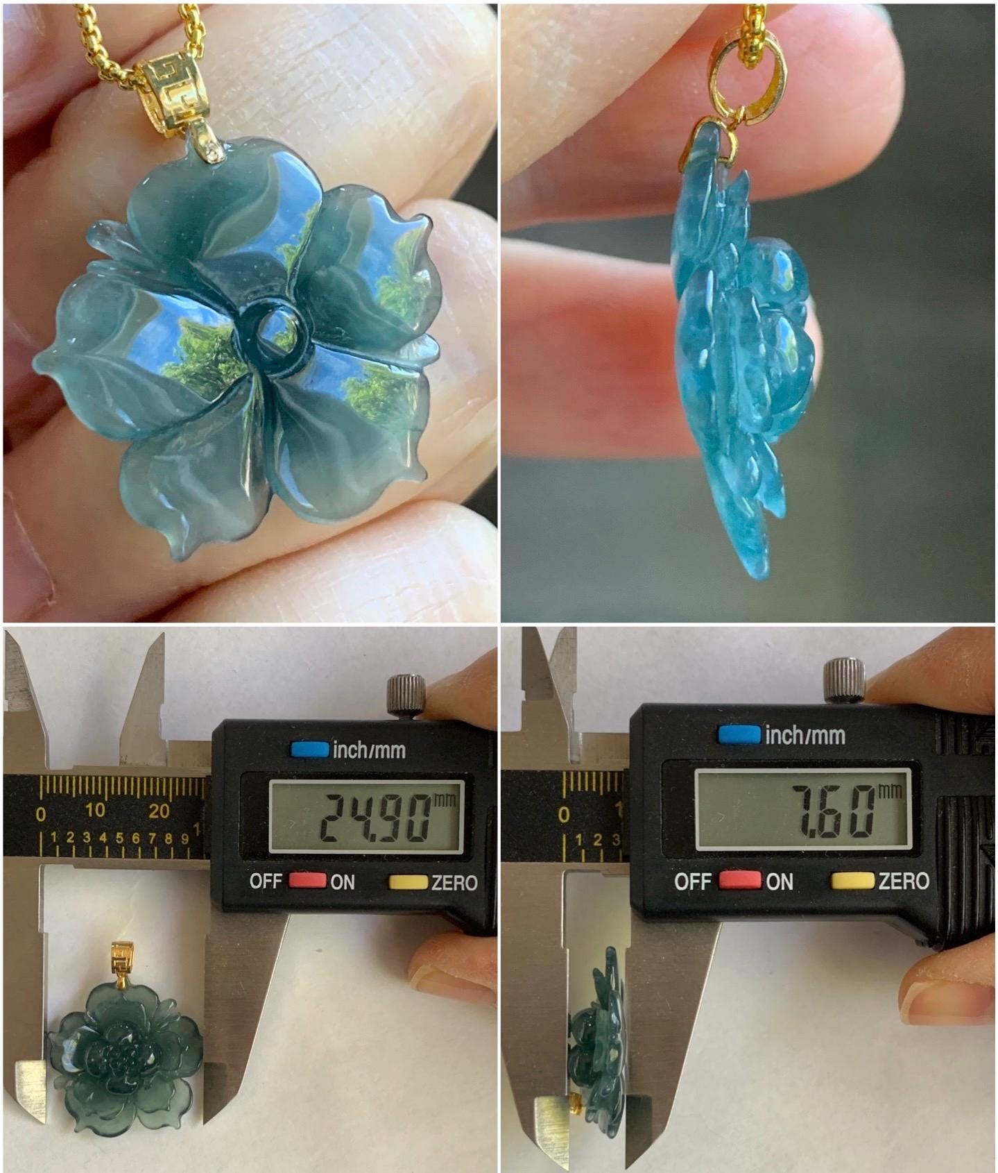 Natural Guatemalan Icy Highly Translucent Dark Teal Blue Jadeite Lotus Flower Pendant 18K Yellow Gold 5g 天然冰胶危起光深蓝翡翠莲花镶嵌吊坠