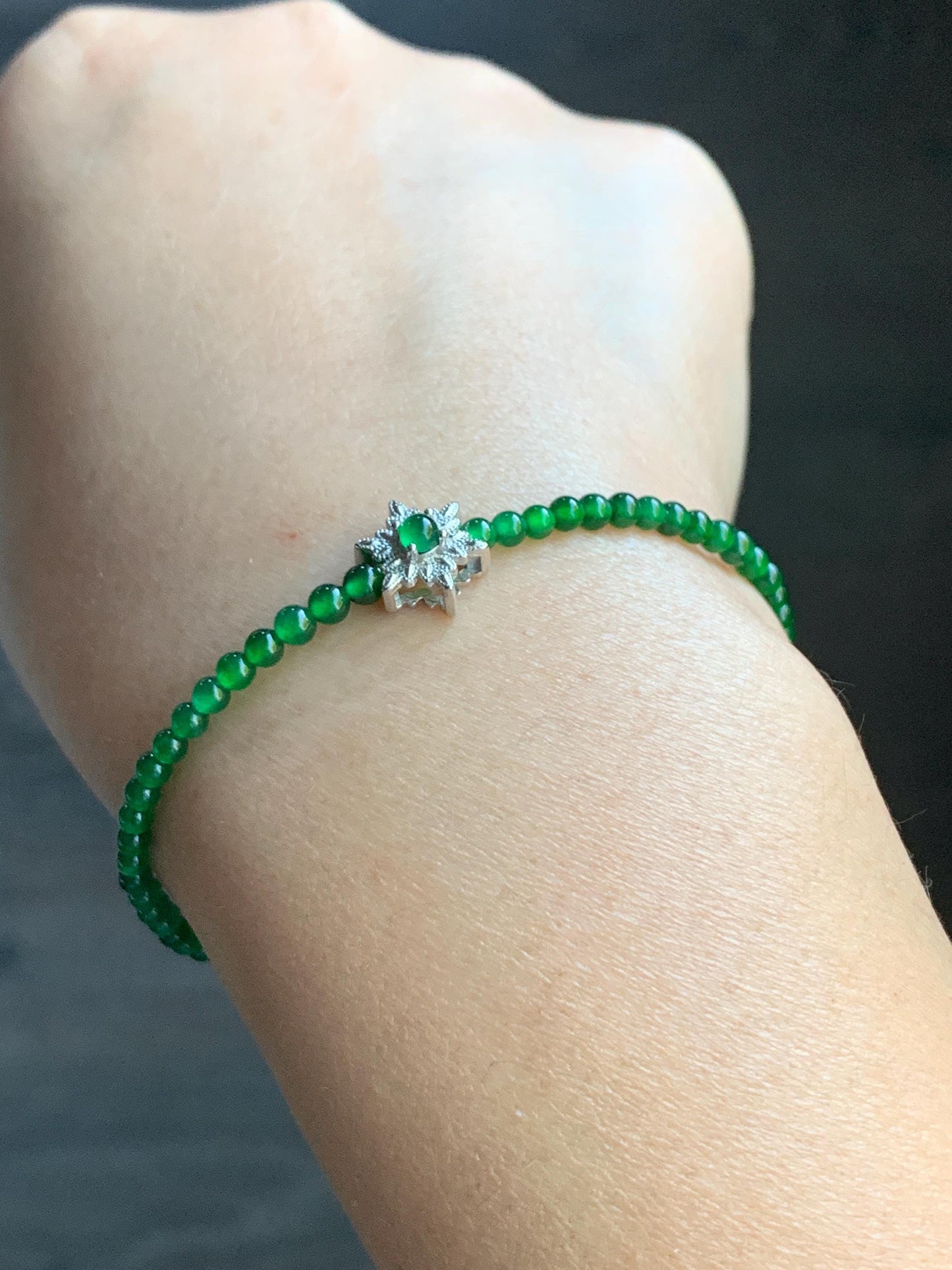 Natural Guatemalan Icy Highly Translucent Vibrant Green Jadeite Petite Beads Snowflake Beaded Bracelet 7” Sterling Silver 天然高冰危绿翡翠小圆珠雪花潘多拉手串