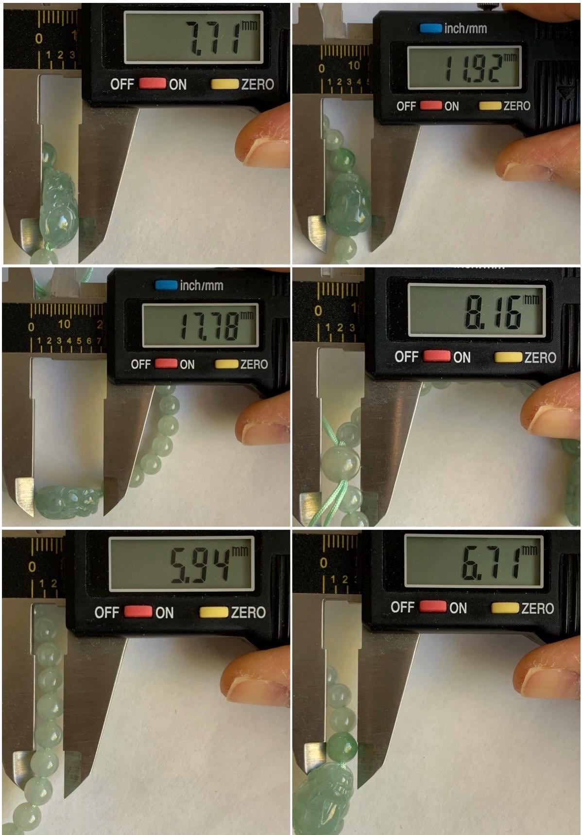 Natural Burmese Icy Translucent Gelatinous Light Green Jadeite Carved Pixiu Beaded Bracelet 6mm 7” 14g 天然缅甸冰胶淡绿翡翠珠貔貅手串