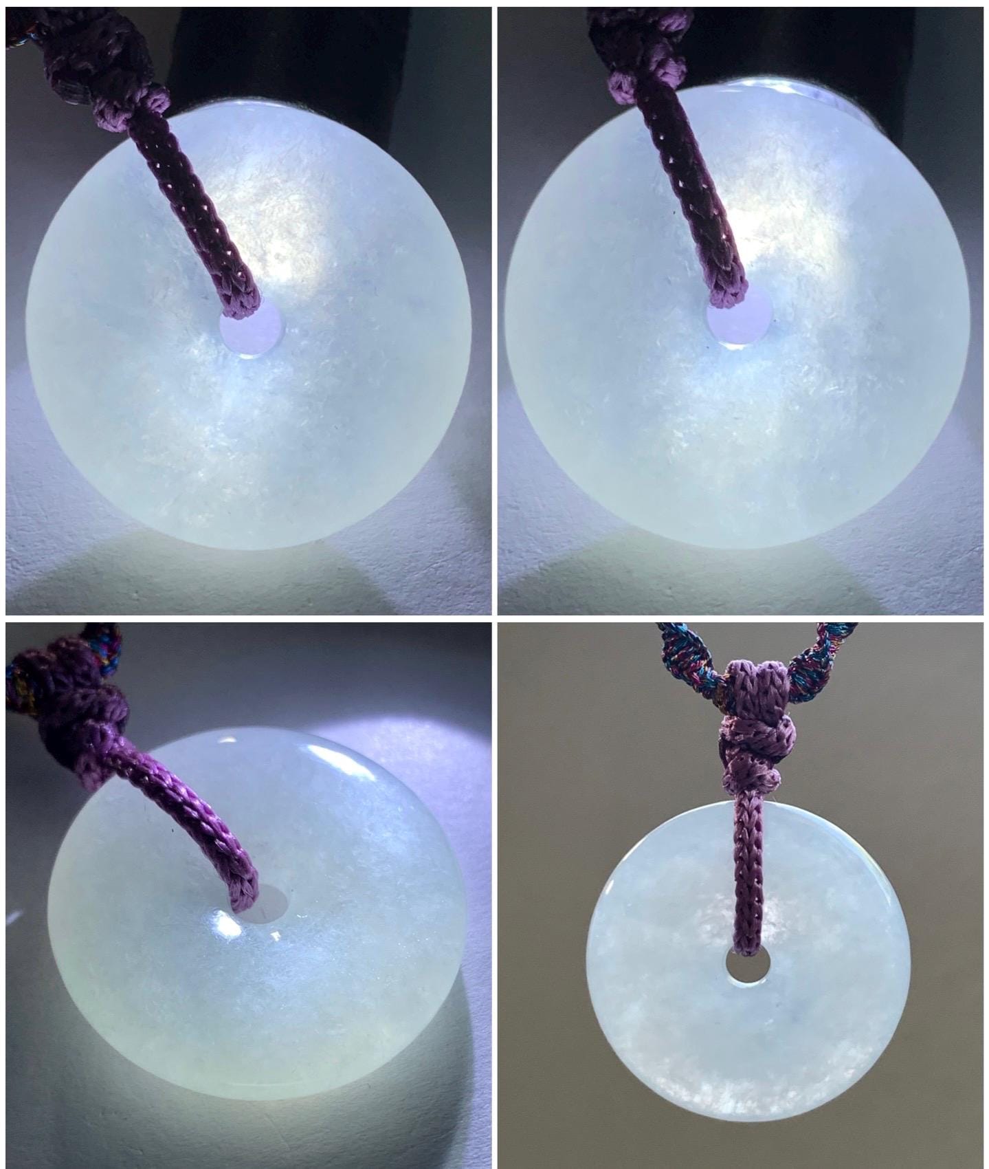 Certified Natural Burmese Icy Highly Translucent White Jadeite Ping An Kou Donut Pendant Rope Necklace 28" Adjustable 天然缅甸正白冰起光翡翠平安扣吊坠 3017
