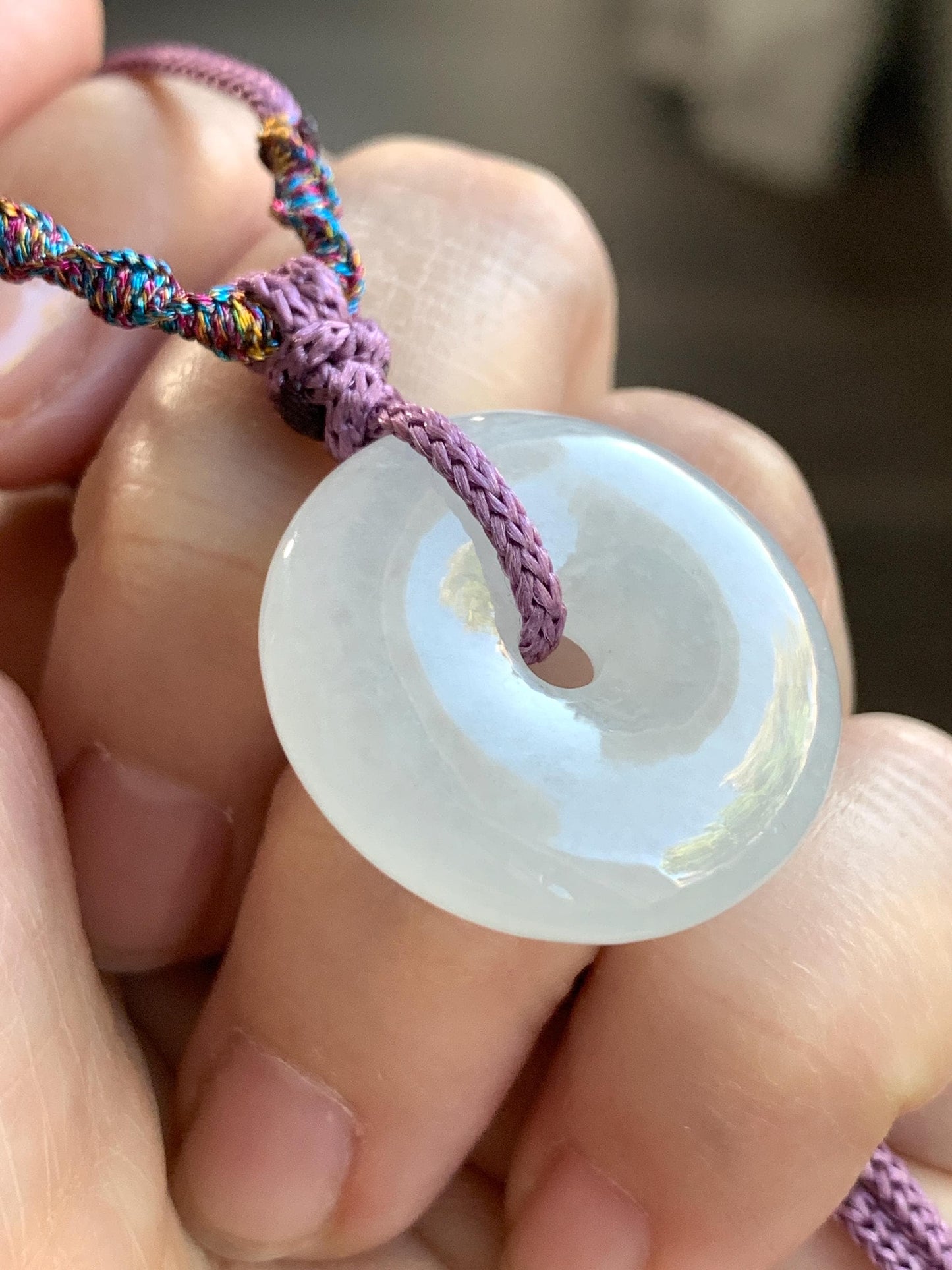 Certified Natural Burmese Icy Highly Translucent White Jadeite Ping An Kou Donut Pendant Rope Necklace 28" Adjustable 天然缅甸正白冰起光翡翠平安扣吊坠 3017