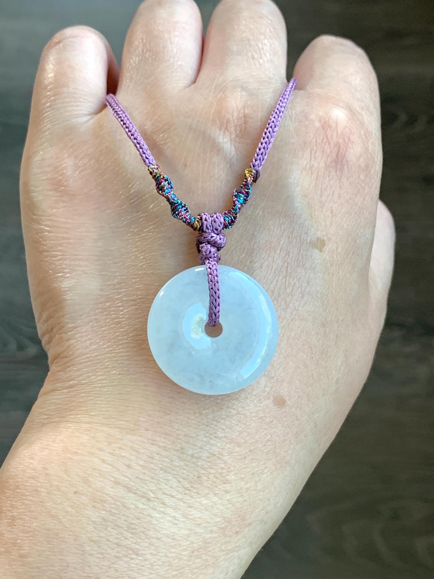 Certified Natural Burmese Icy Highly Translucent White Jadeite Ping An Kou Donut Pendant Rope Necklace 28" Adjustable 天然缅甸正白冰起光翡翠平安扣吊坠 3017
