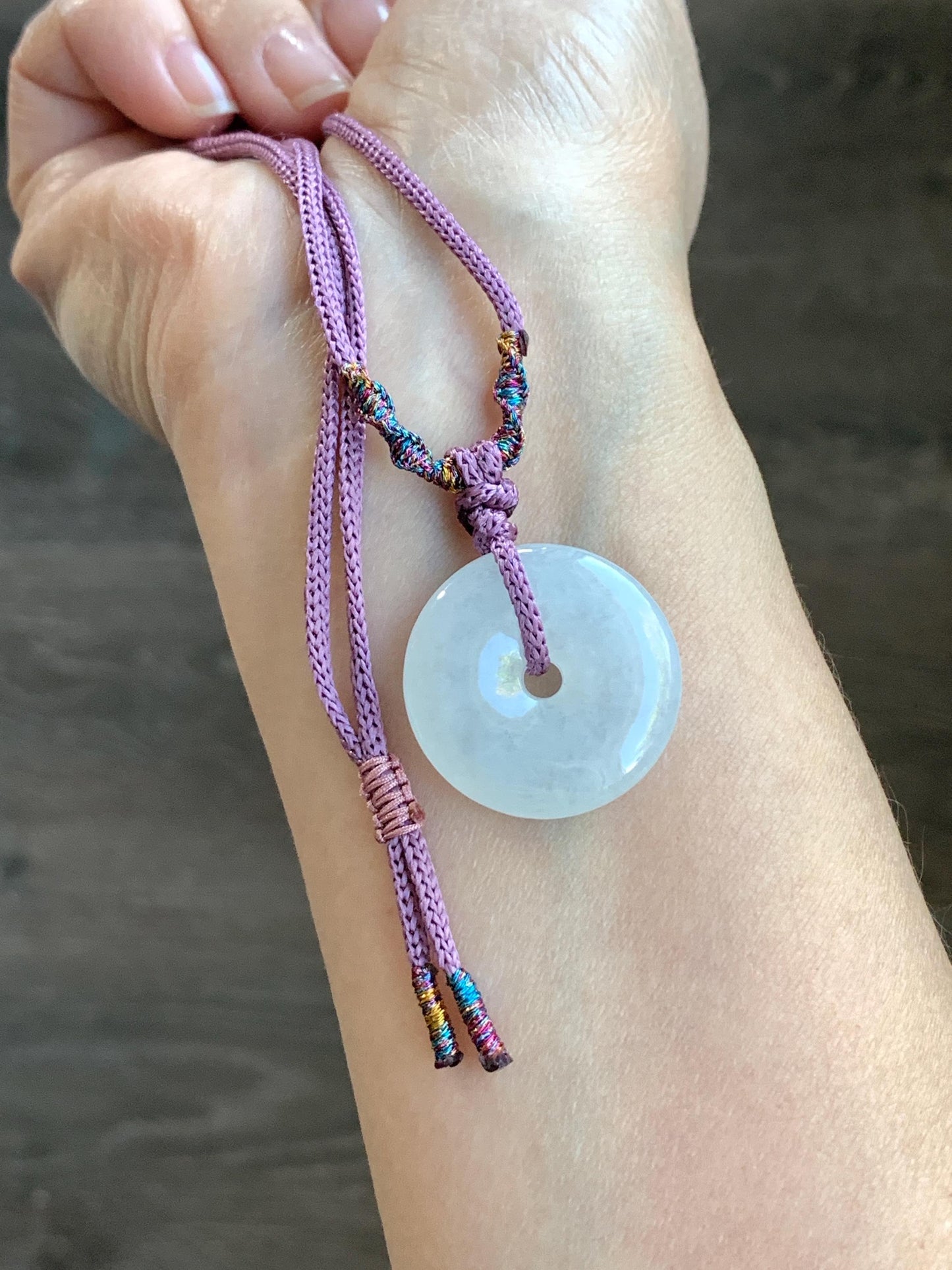 Certified Natural Burmese Icy Highly Translucent White Jadeite Ping An Kou Donut Pendant Rope Necklace 28" Adjustable 天然缅甸正白冰起光翡翠平安扣吊坠 3017