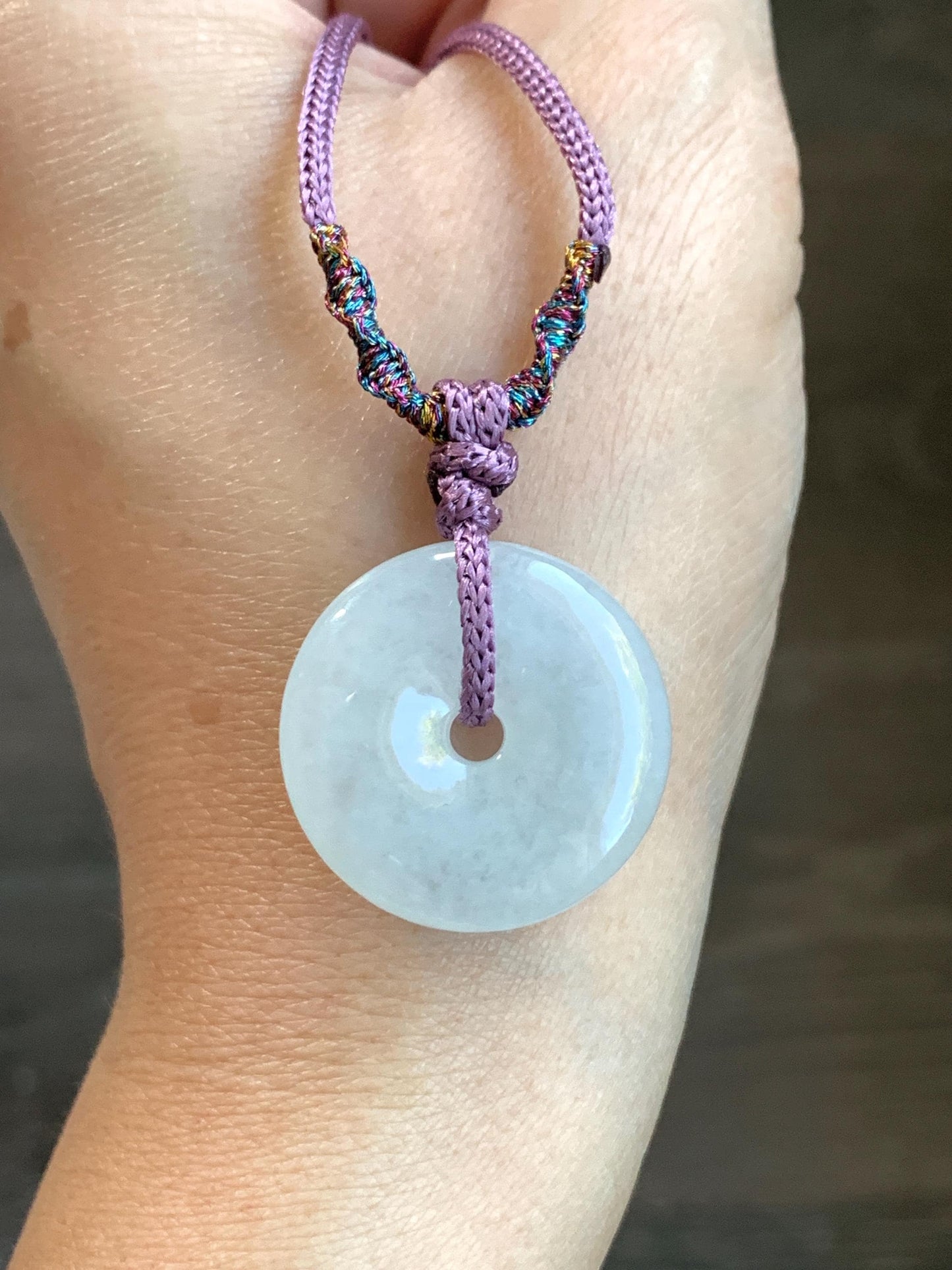 Certified Natural Burmese Icy Highly Translucent White Jadeite Ping An Kou Donut Pendant Rope Necklace 28" Adjustable 天然缅甸正白冰起光翡翠平安扣吊坠 3017