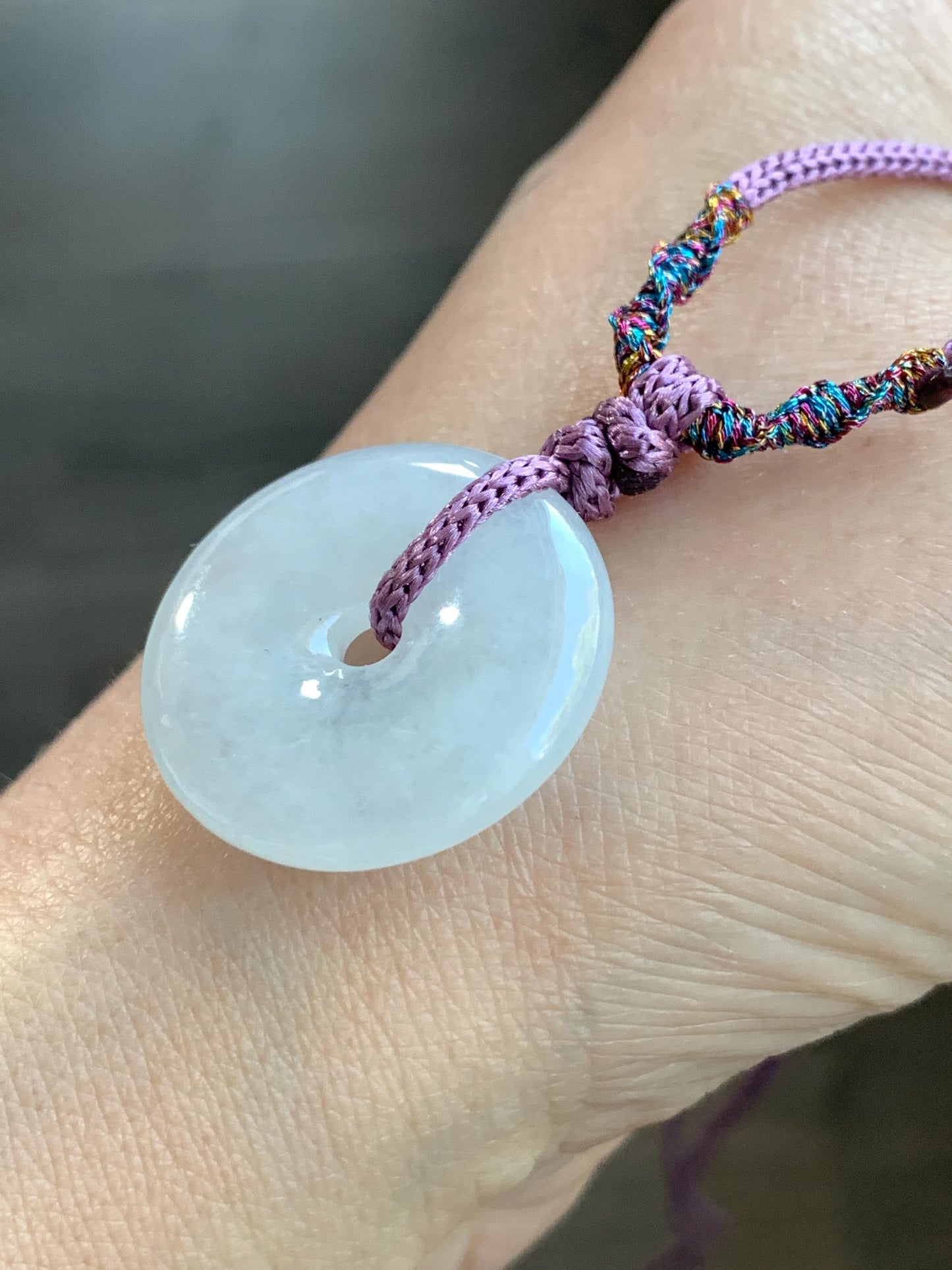 Certified Natural Burmese Icy Highly Translucent White Jadeite Ping An Kou Donut Pendant Rope Necklace 28" Adjustable 天然缅甸正白冰起光翡翠平安扣吊坠 3017