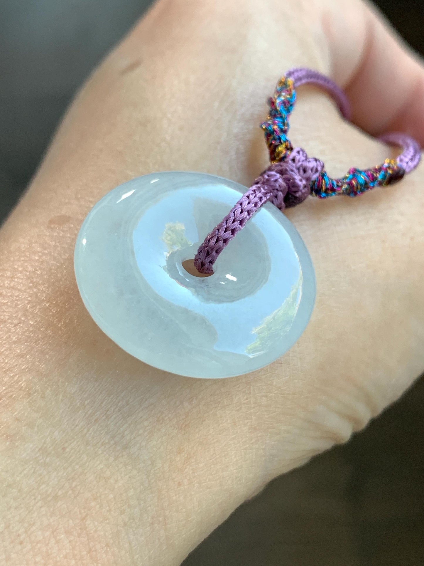 Certified Natural Burmese Icy Highly Translucent White Jadeite Ping An Kou Donut Pendant Rope Necklace 28" Adjustable 天然缅甸正白冰起光翡翠平安扣吊坠 3017