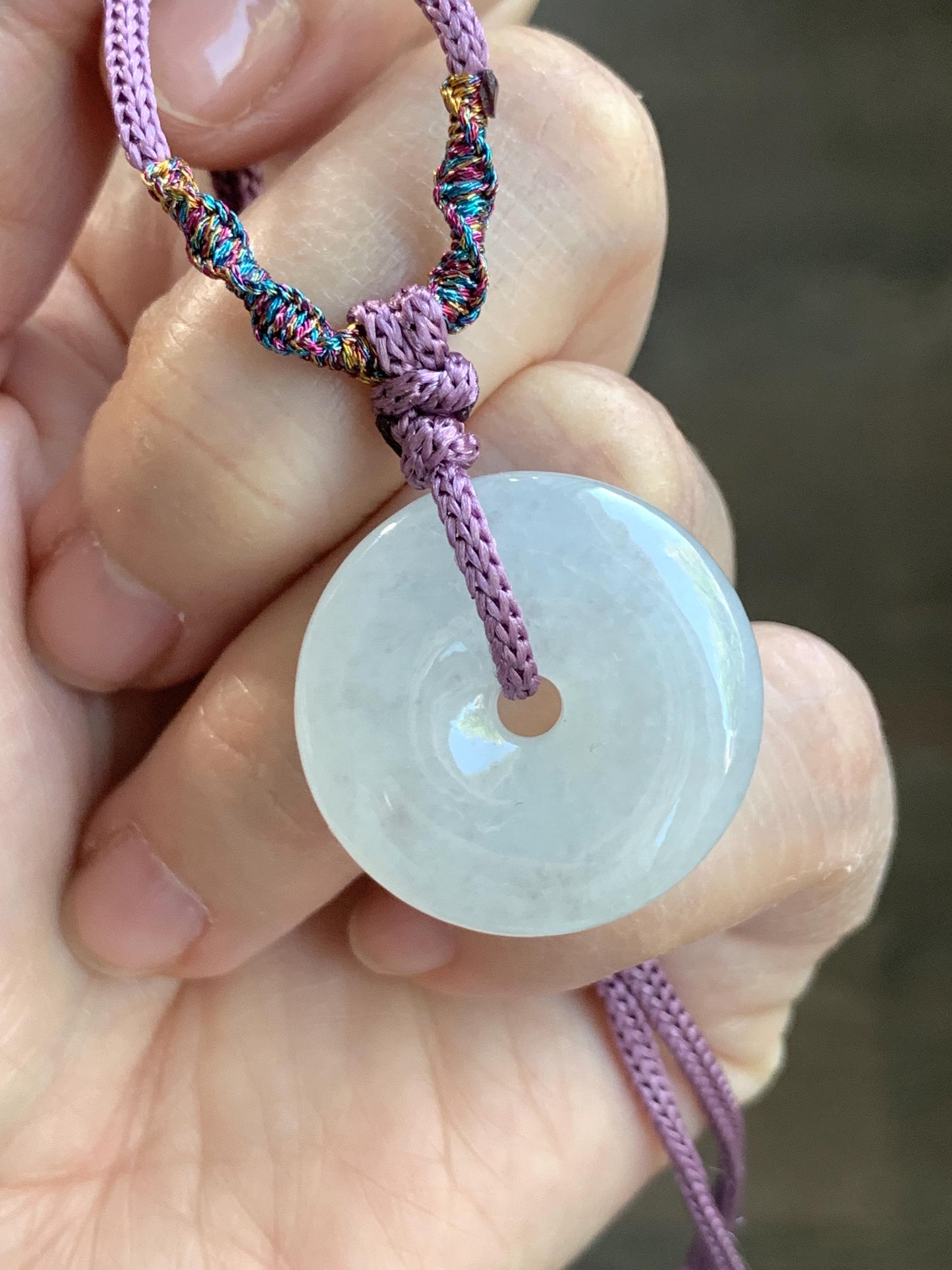 Certified Natural Burmese Icy Highly Translucent White Jadeite Ping An Kou Donut Pendant Rope Necklace 28" Adjustable 天然缅甸正白冰起光翡翠平安扣吊坠 3017