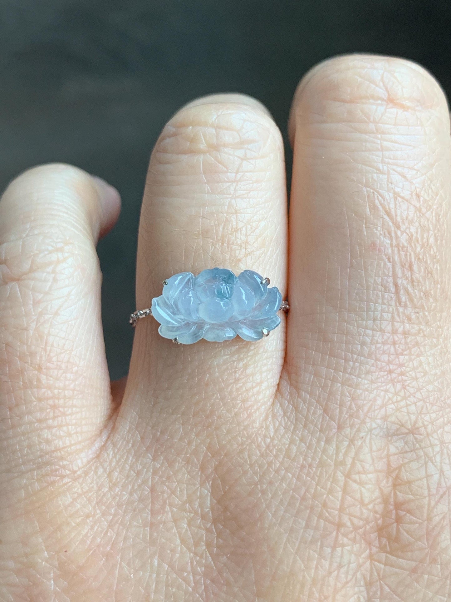 Certified Natural Burmese Icy Highly Translucent White & Teal Blue Jadeite Lotus Flower Chain Ring 18K White Gold Adjustable 天然缅甸冰飘花翡翠莲花镶嵌戒指