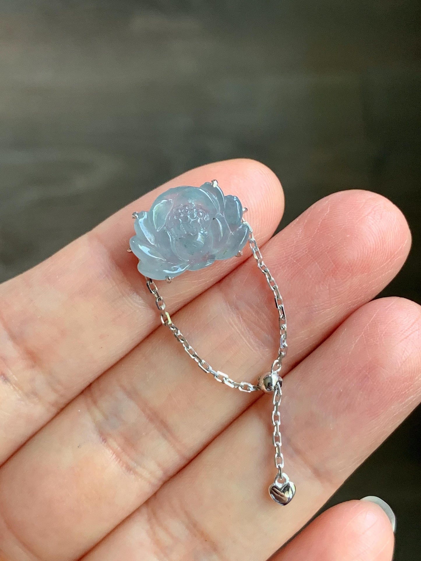 Certified Natural Burmese Icy Translucent Light Dusty Blue Jadeite Lotus Flower Chain Ring 18K White Gold Adjustable 天然缅甸冰淡篮翡翠莲花镶嵌戒指 3039