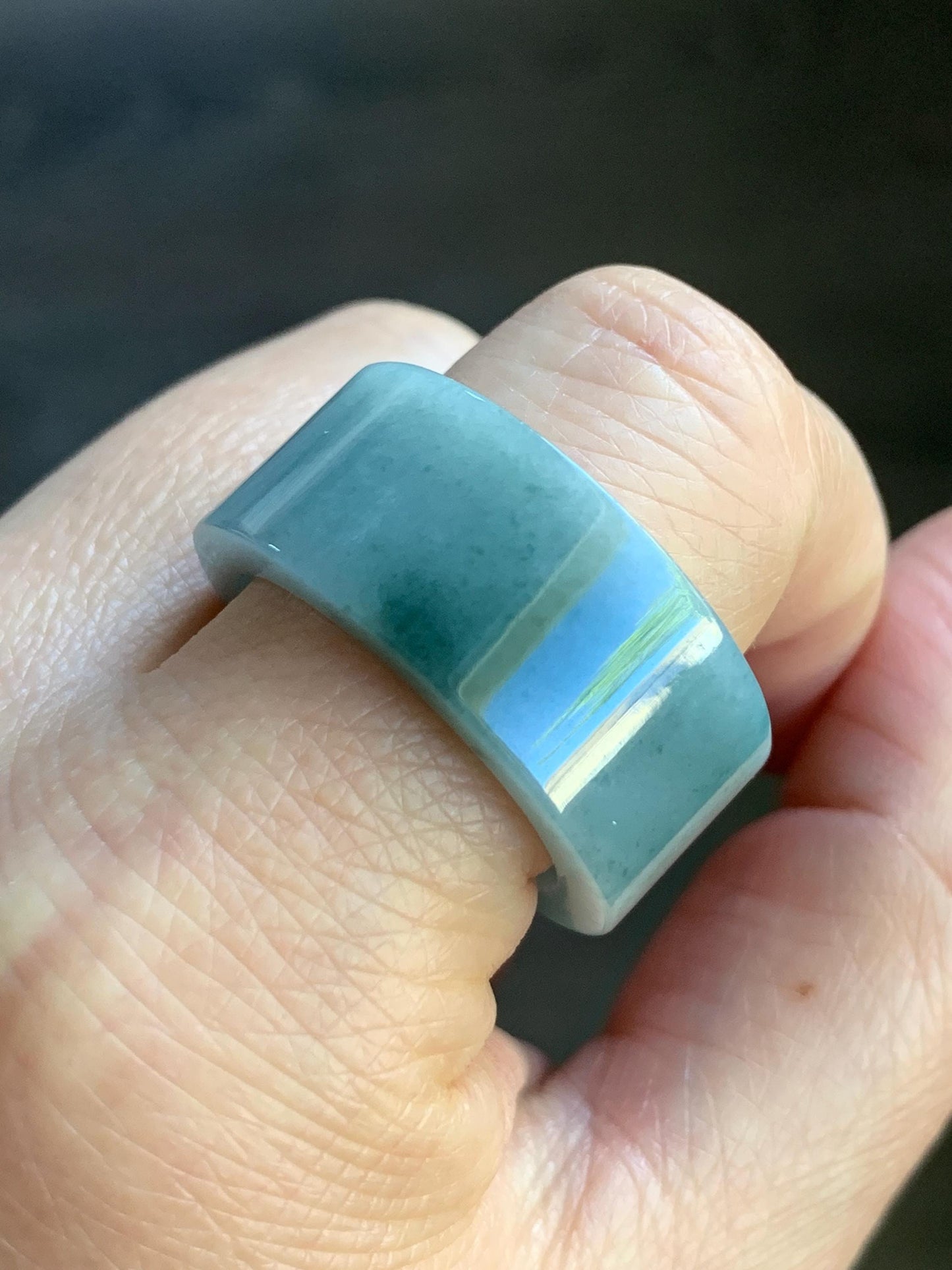 Natural Guatemalan Icy Translucent Light Dusty Blue Dark Green Marbled Jadeite Wide Banzhi Band Ring Size 12.5 12g 天然危淡蓝飘花翡翠扳指戒圈