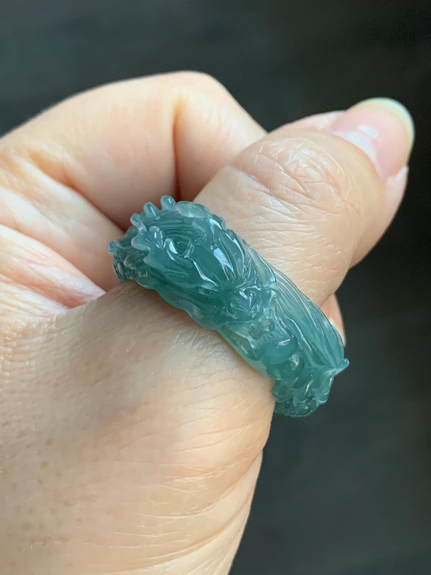 Certified Natural Guatemalan Premium Icy Translucent Teal Blue Jadeite Engraved Dragon Band Ring size 14 US 10.64g 天然冰胶起光危蓝翡翠盘龙戒圈戒指 3174