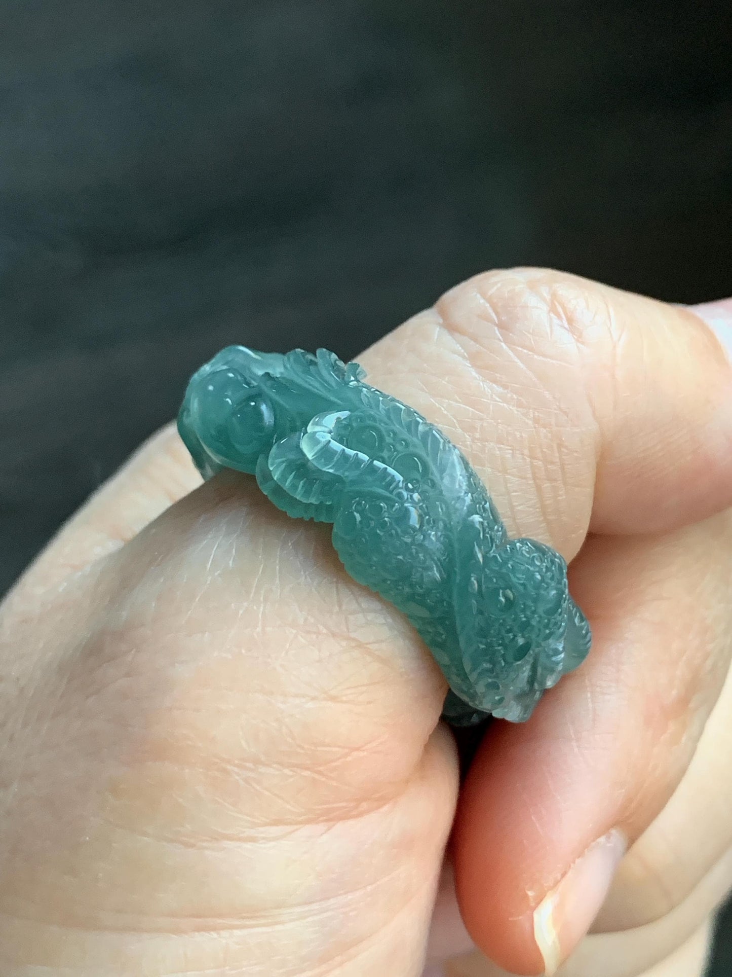 Certified Natural Guatemalan Premium Icy Translucent Teal Blue Jadeite Engraved Dragon Band Ring size 14 US 10.64g 天然冰胶起光危蓝翡翠盘龙戒圈戒指 3174
